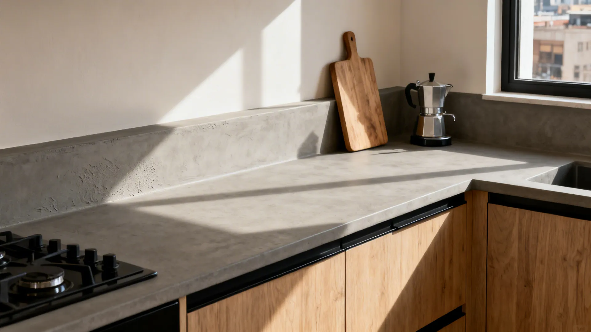 Warm grey microcement countertop with seamless matte finish and integrated upstand.