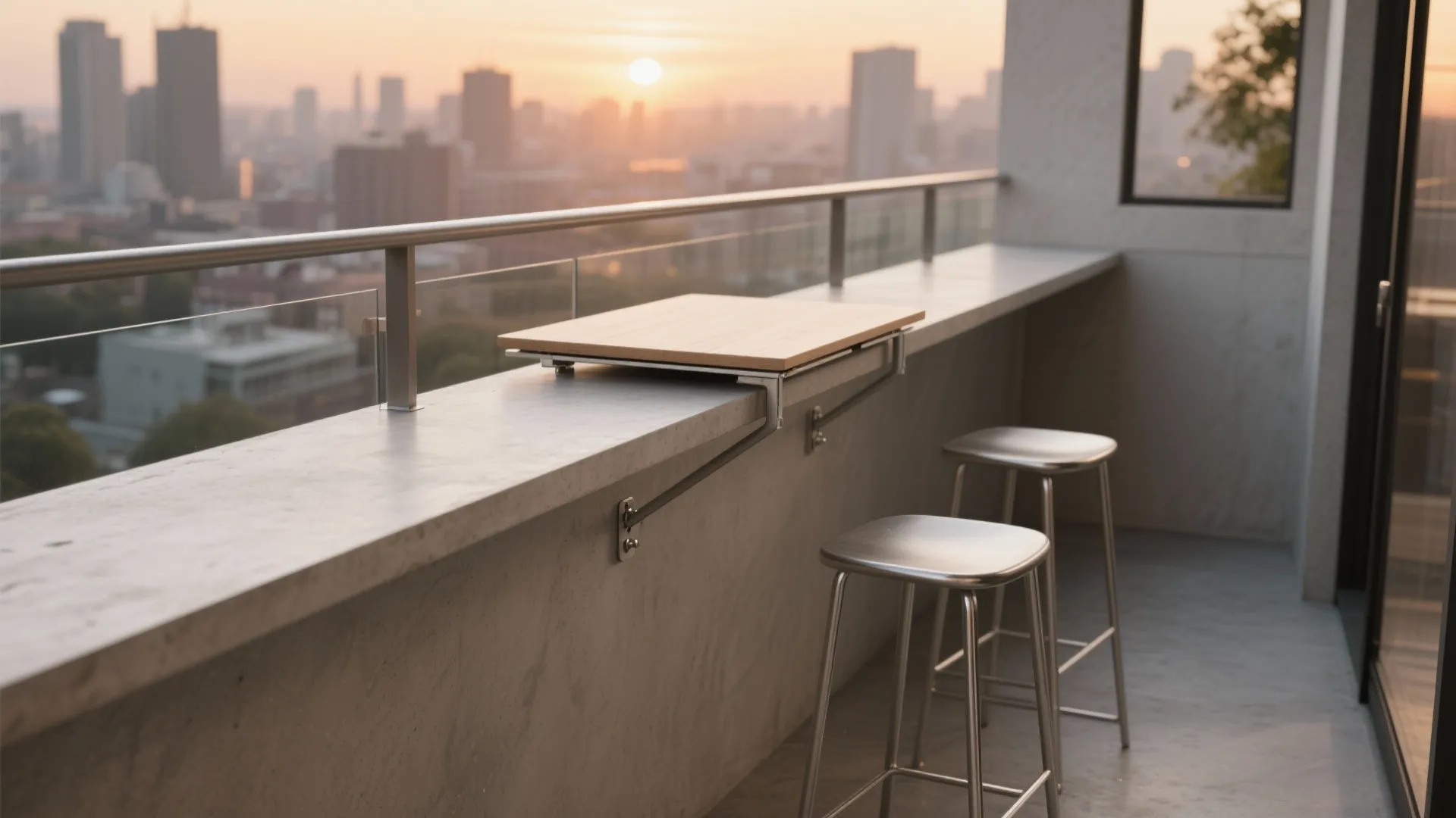 Modern balcony with grey concrete counter, small wooden table, two metal stools, and city sunset