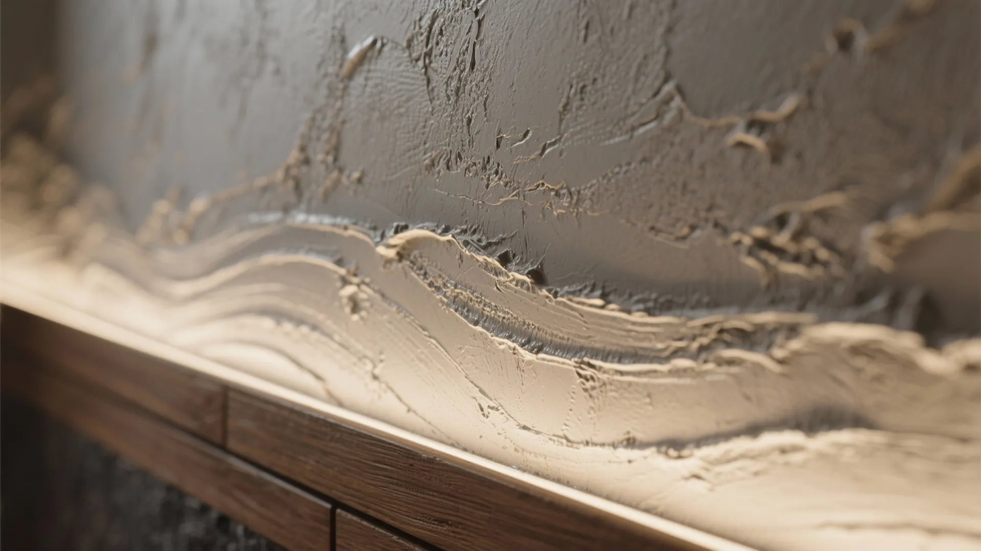 Close-up of decorative microcement waterproof plaster showing trowel texture and sealed finish.