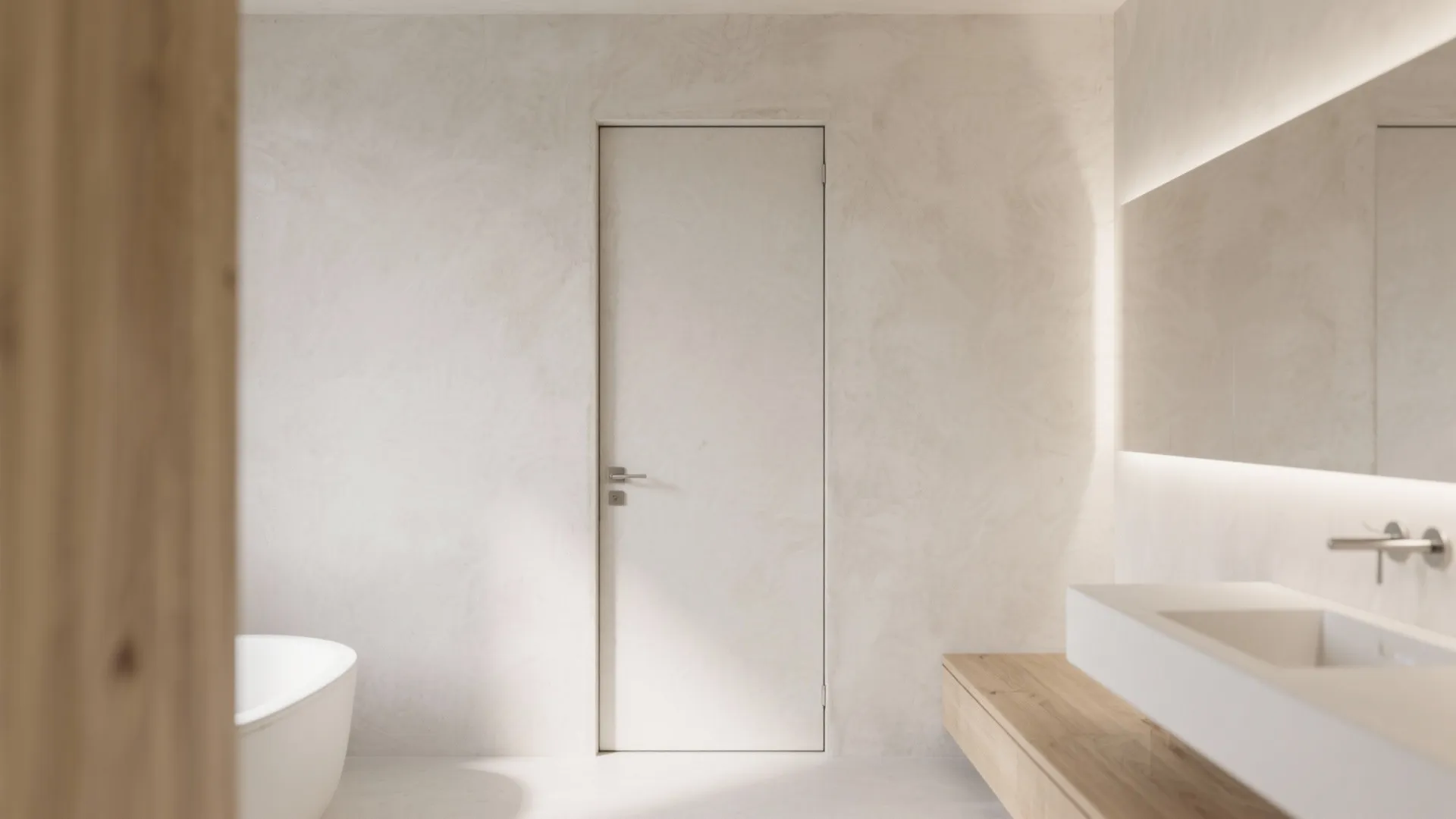 Minimalist bathroom interior with white textured walls hidden door wooden cabinet and white bathtub sink