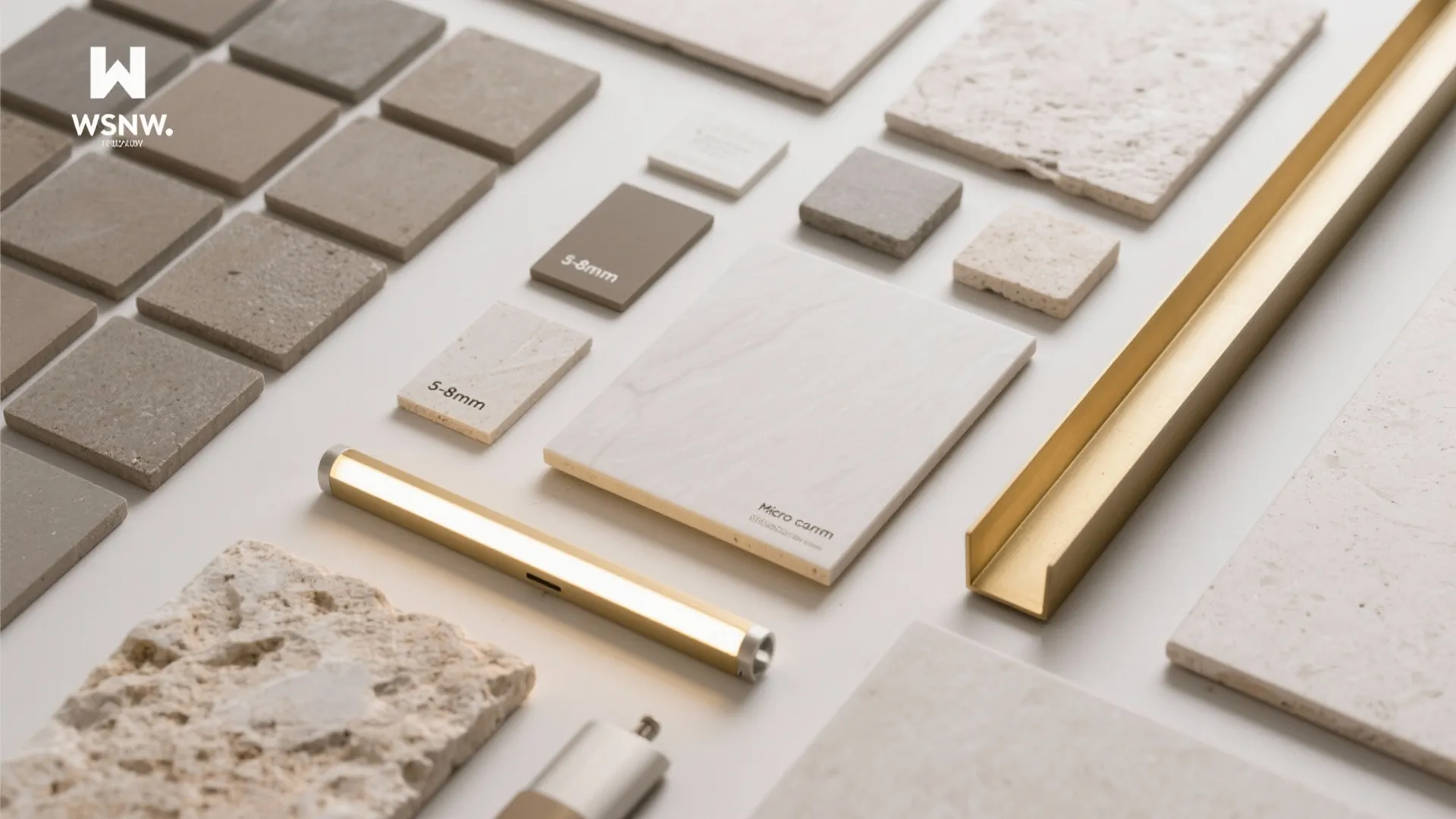 Interior design material board with stone tiles light wood samples and gold metal trim pieces