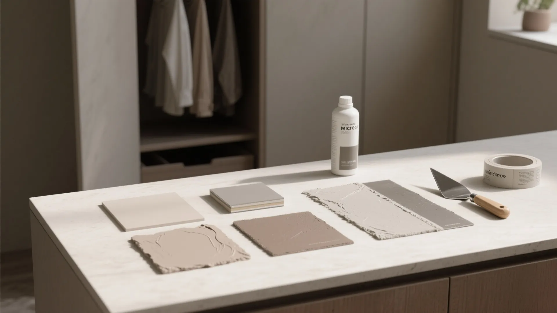Top-down flatlay of microcement swatches, sealer and tools in warm taupe and gray palette with soft matte textures.