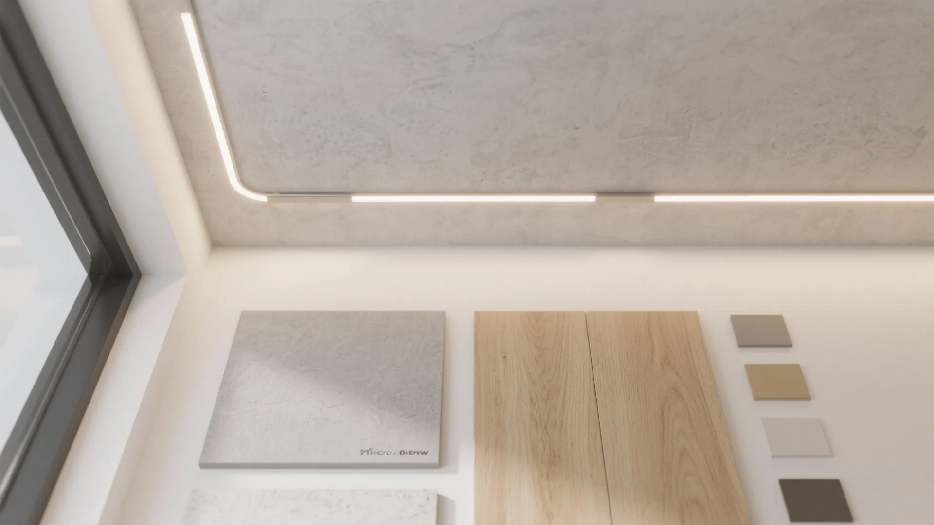 1) Exposed Microcement Ceiling With Shadow Gaps