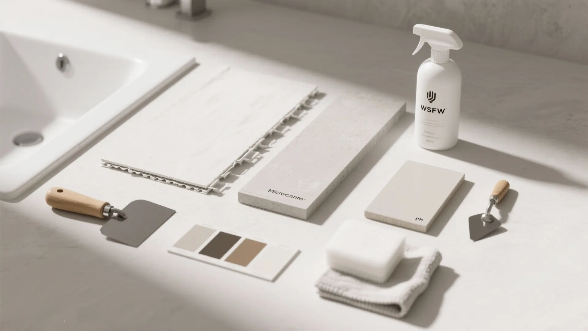 Flatlay of microcement materials, membrane, tools and swatches for bathroom installation