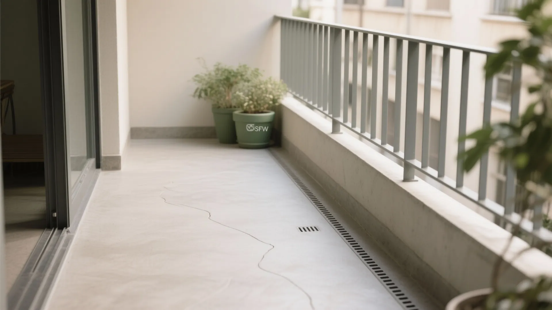 Seamless microcement balcony floor with 10–15 cm skirting and subtle drainage slope in soft gray