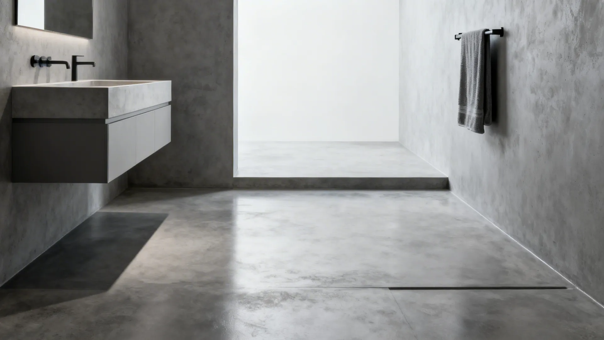 Minimal bathroom with seamless polished concrete or microcement floor and towel warmer.