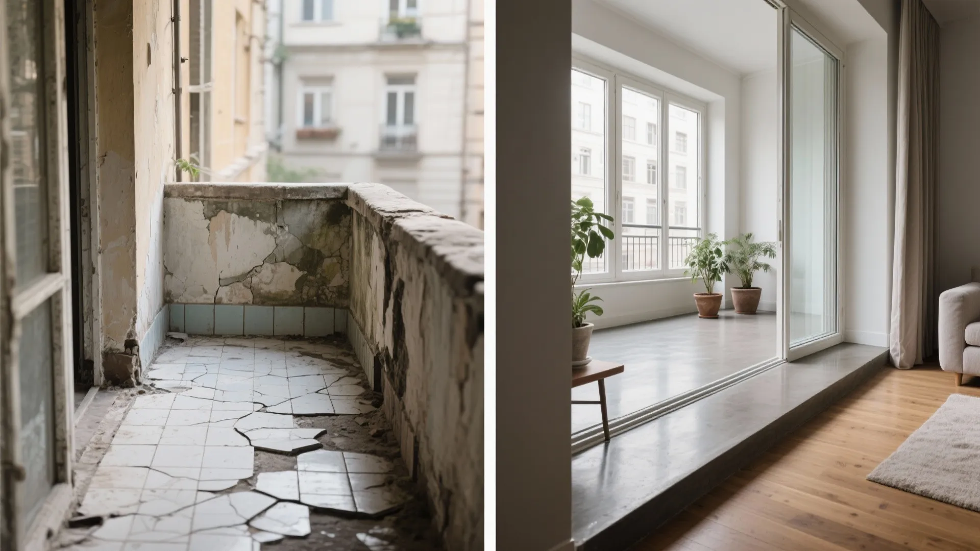 Before and after comparison of old broken tiles versus a modern clean grey smooth floor
