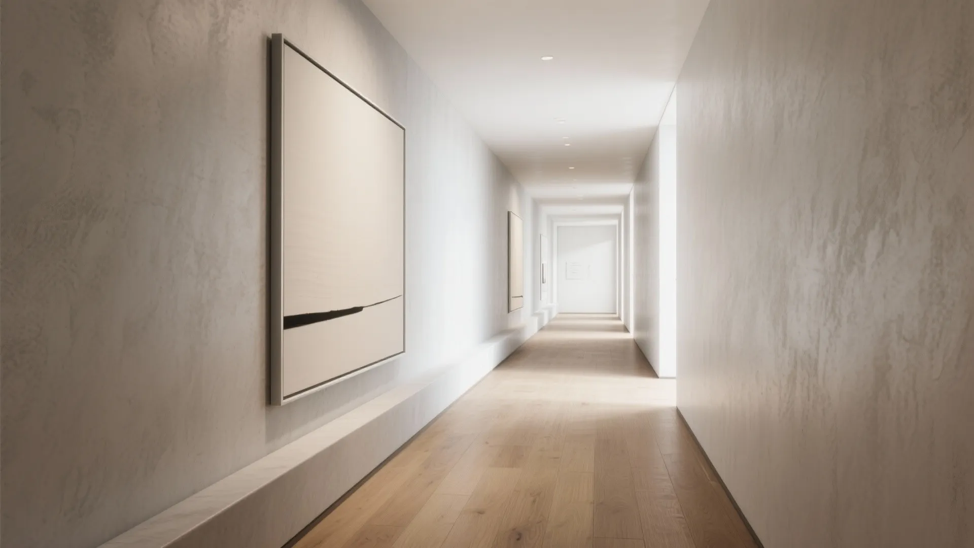 Modern long hallway with light grey walls wooden floor large wall art and soft lighting