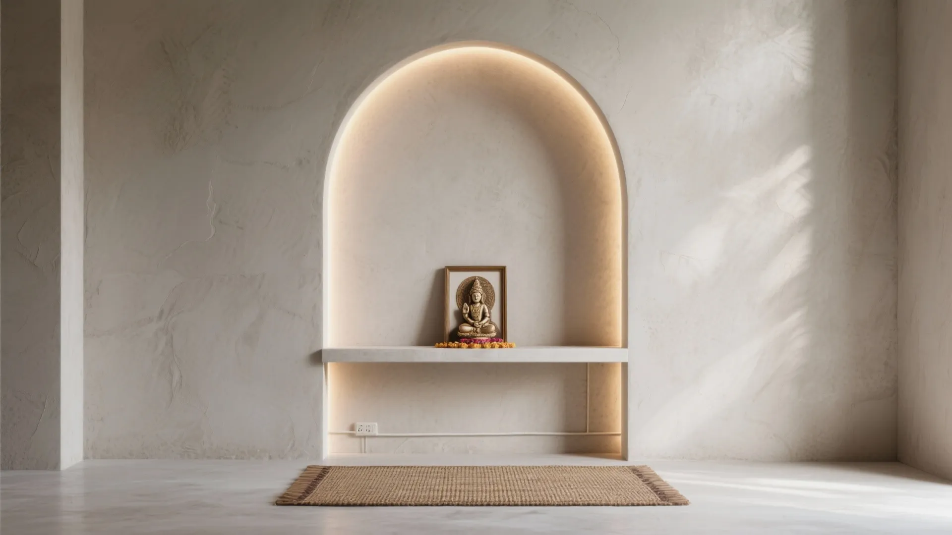 3) Satin-finish microcement with a halo niche