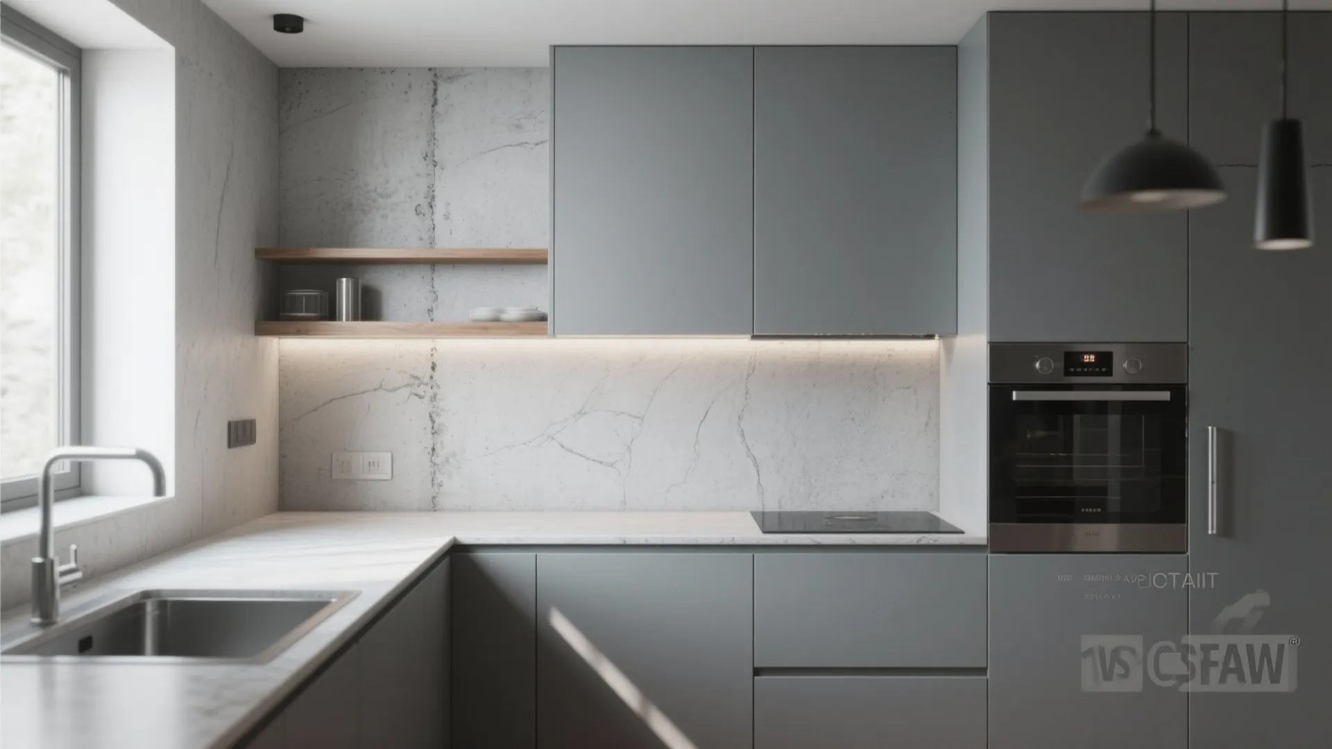 Modern grey kitchen with stone wall plus grey cabinets and built in oven plus sink