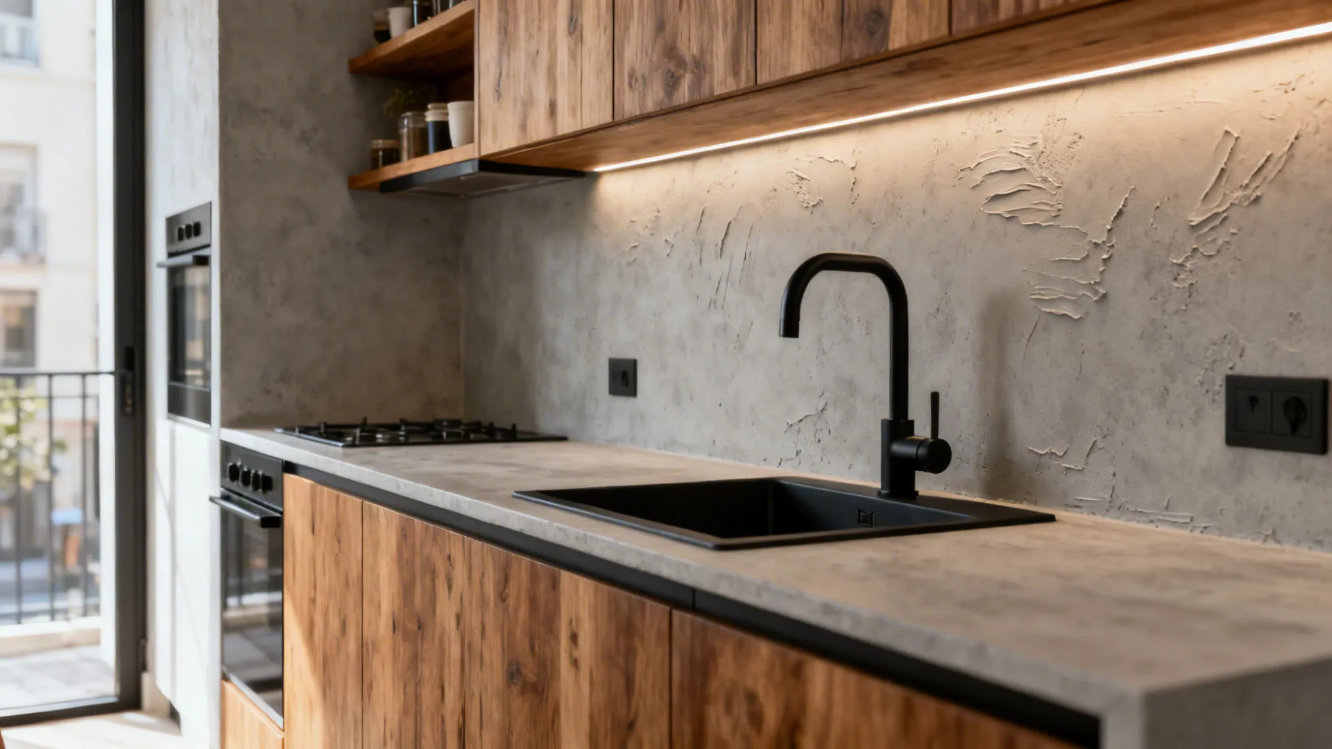 Industrial kitchen with wood cabinets grey textured wall black sink and warm under cabinet lighting
