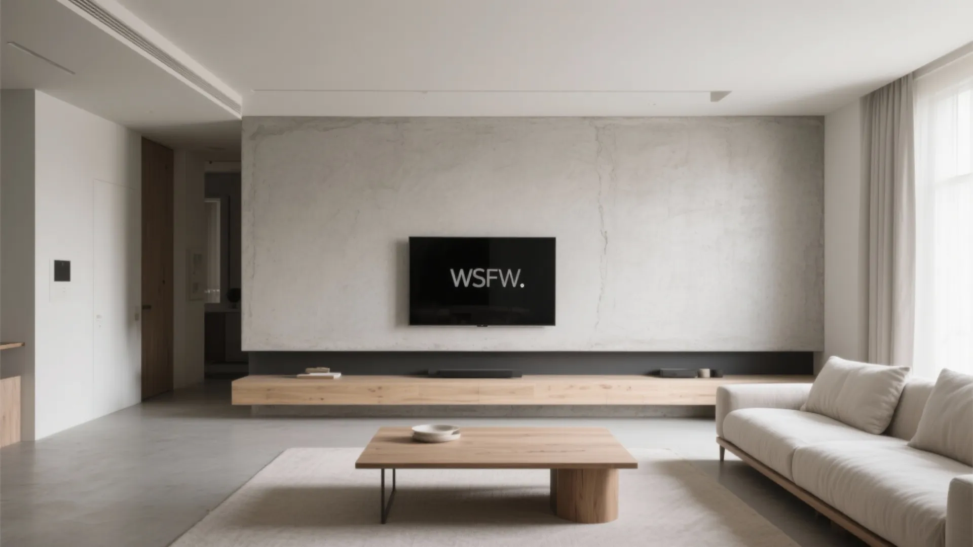 Minimalist living room with grey wall, wall mounted television, long wooden ledge, and white sofa