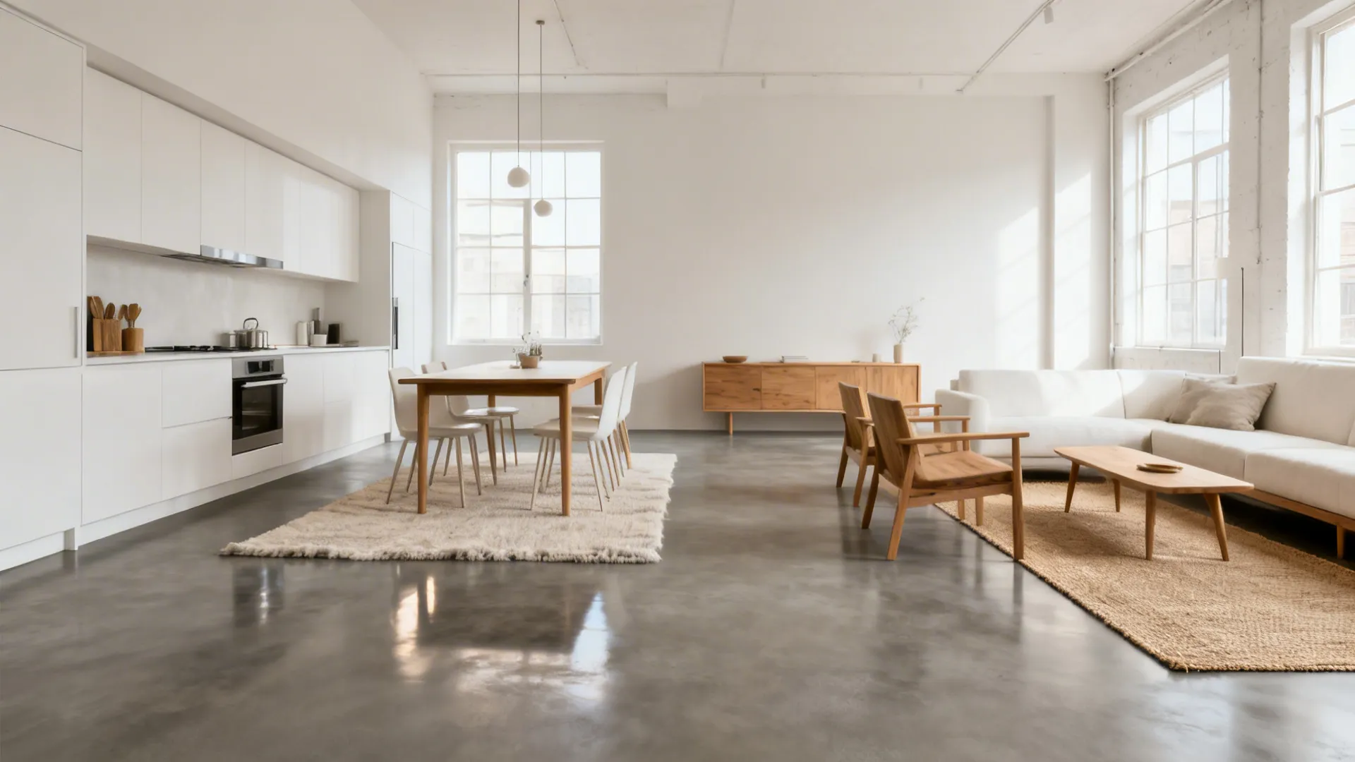 Modern loft with continuous warm-gray microcement floor and soft daylight.