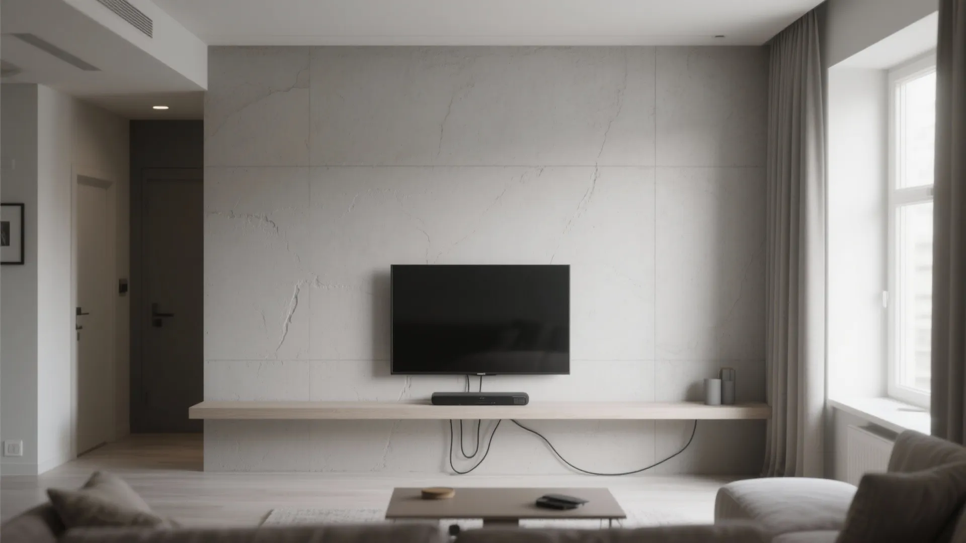 Minimalist living room featuring grey textured wall with television above light wood floating shelf cabinet