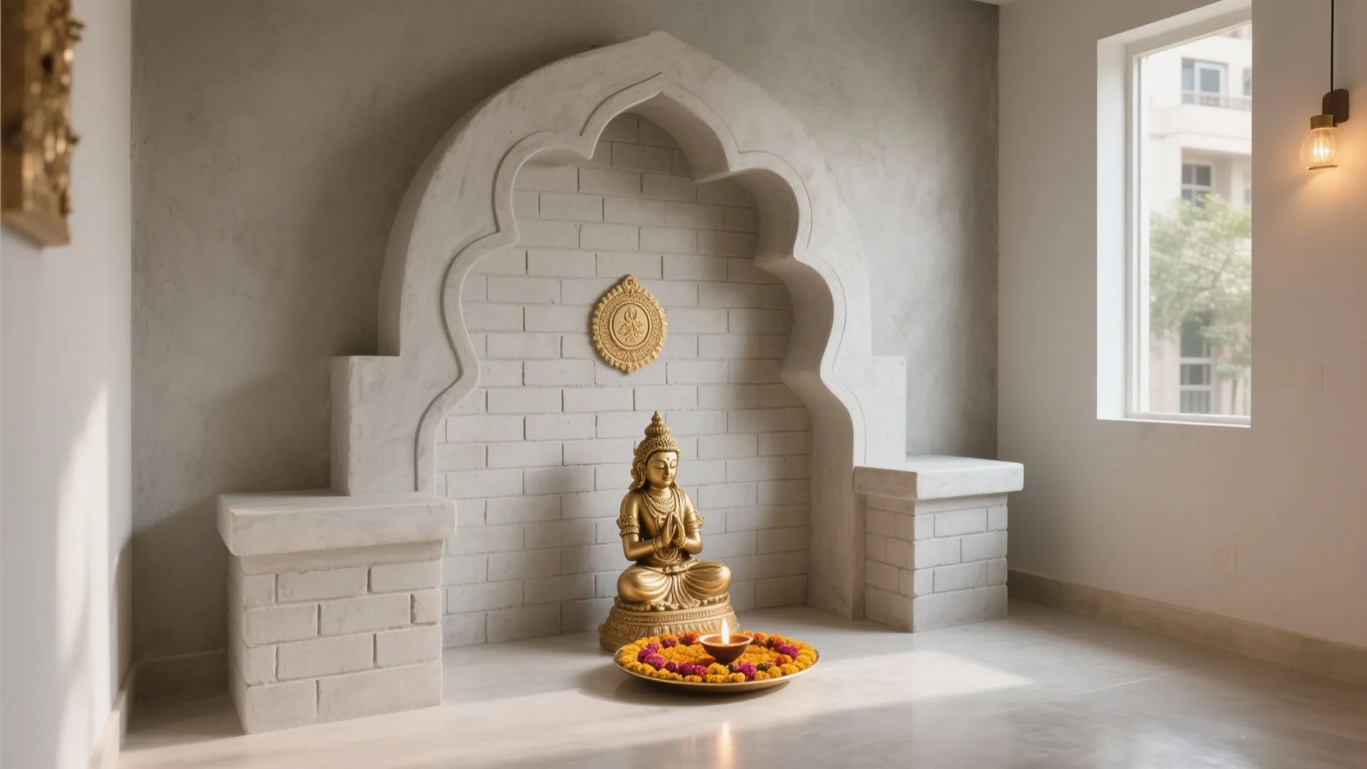 Golden statue sitting in white arched wall niche with brick pattern next to bright window