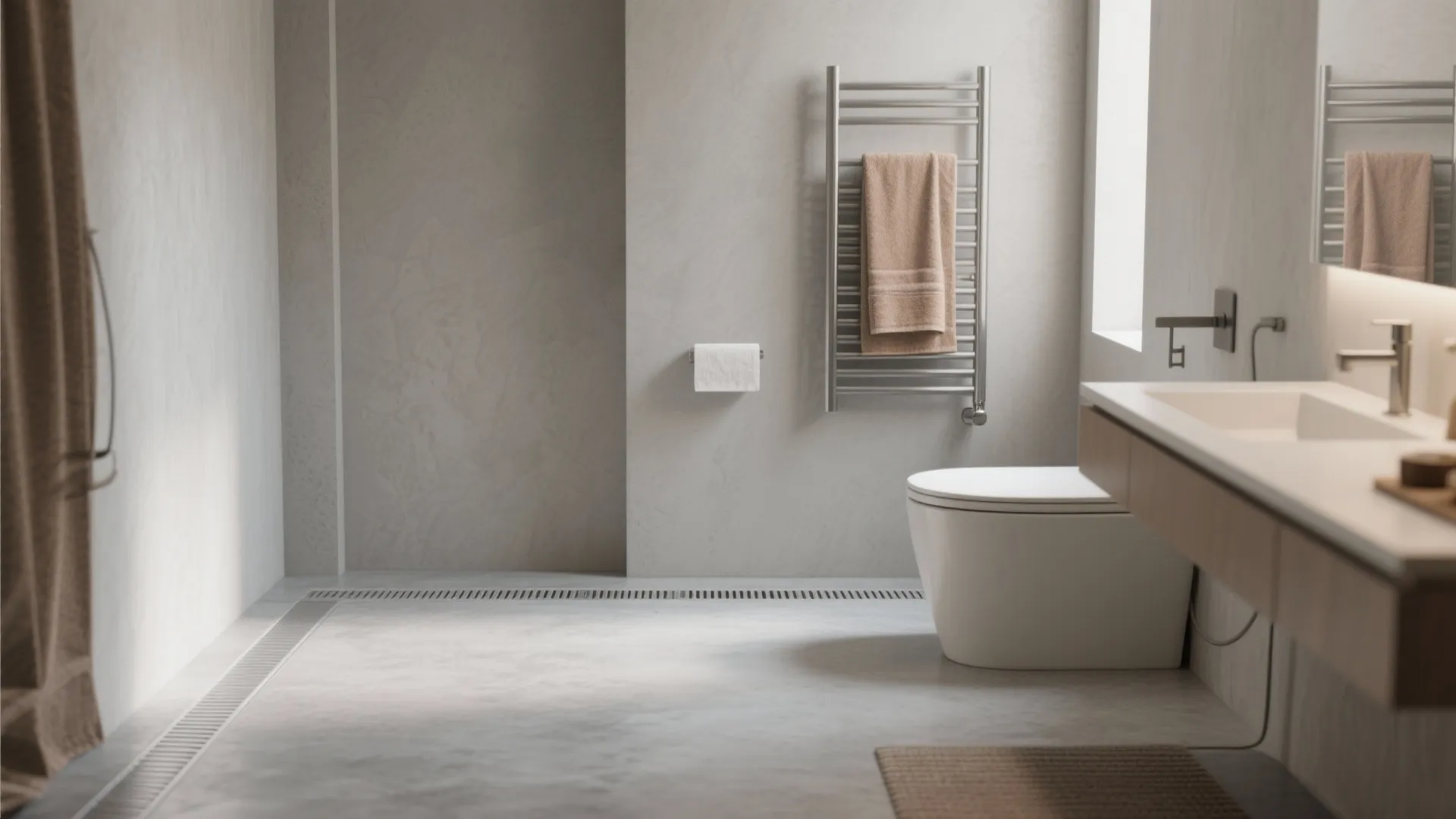 Modern minimalist bathroom with grey concrete walls toilet wooden cabinet sink towel rack and natural light