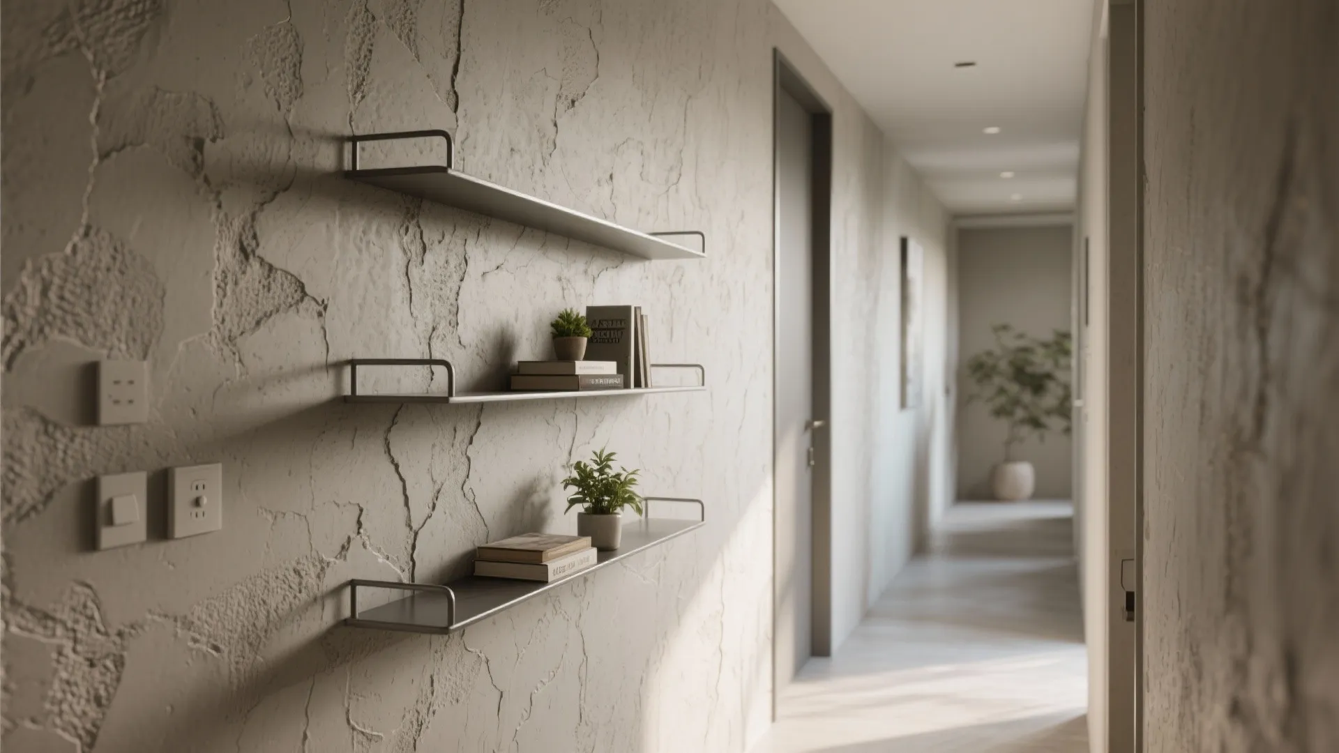 Textured Microcement Paneling with Slim Shelves