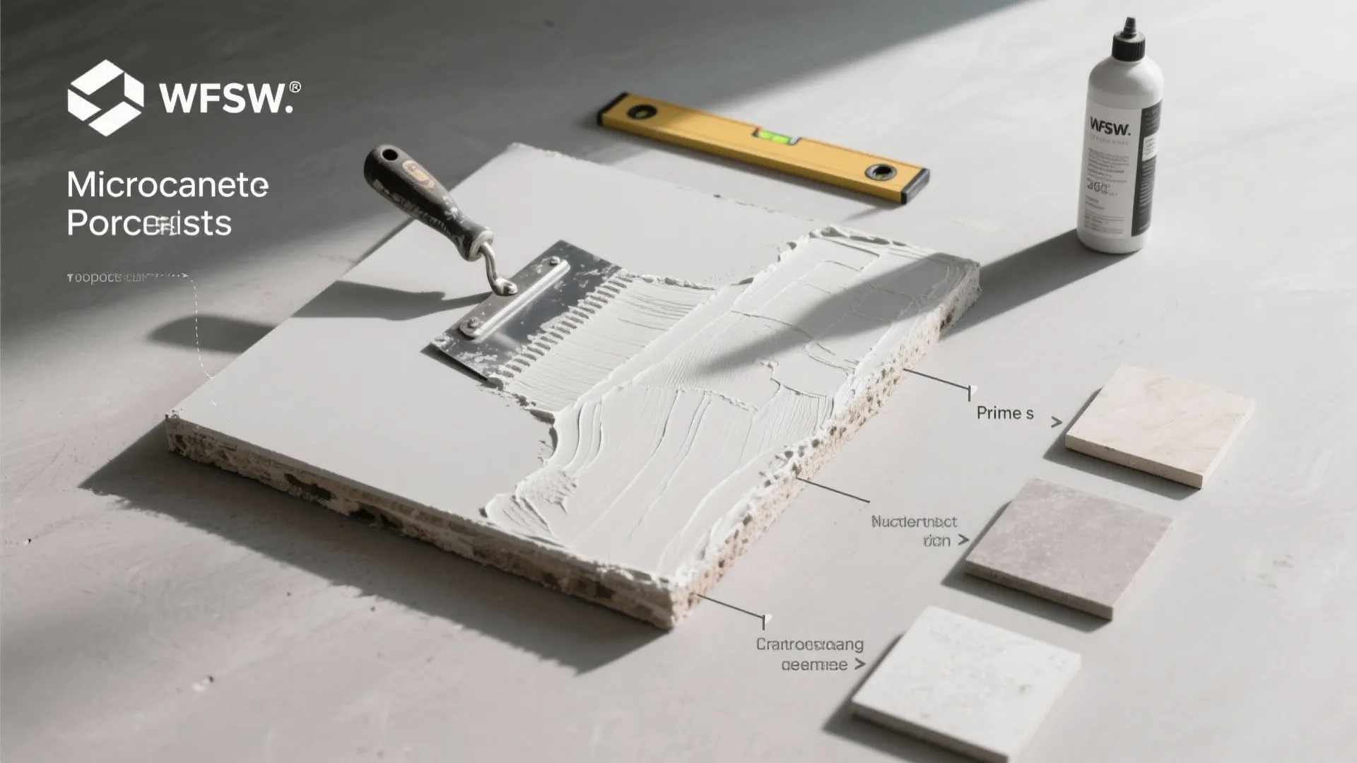 Applying grey coating to a board using a metal tool with level and material samples
