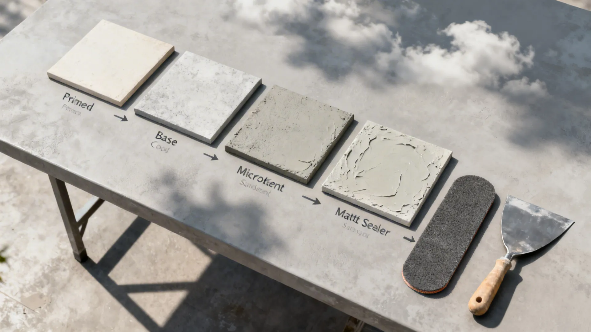Top-down boards showing microcement steps from primer to matte sealer with tools.