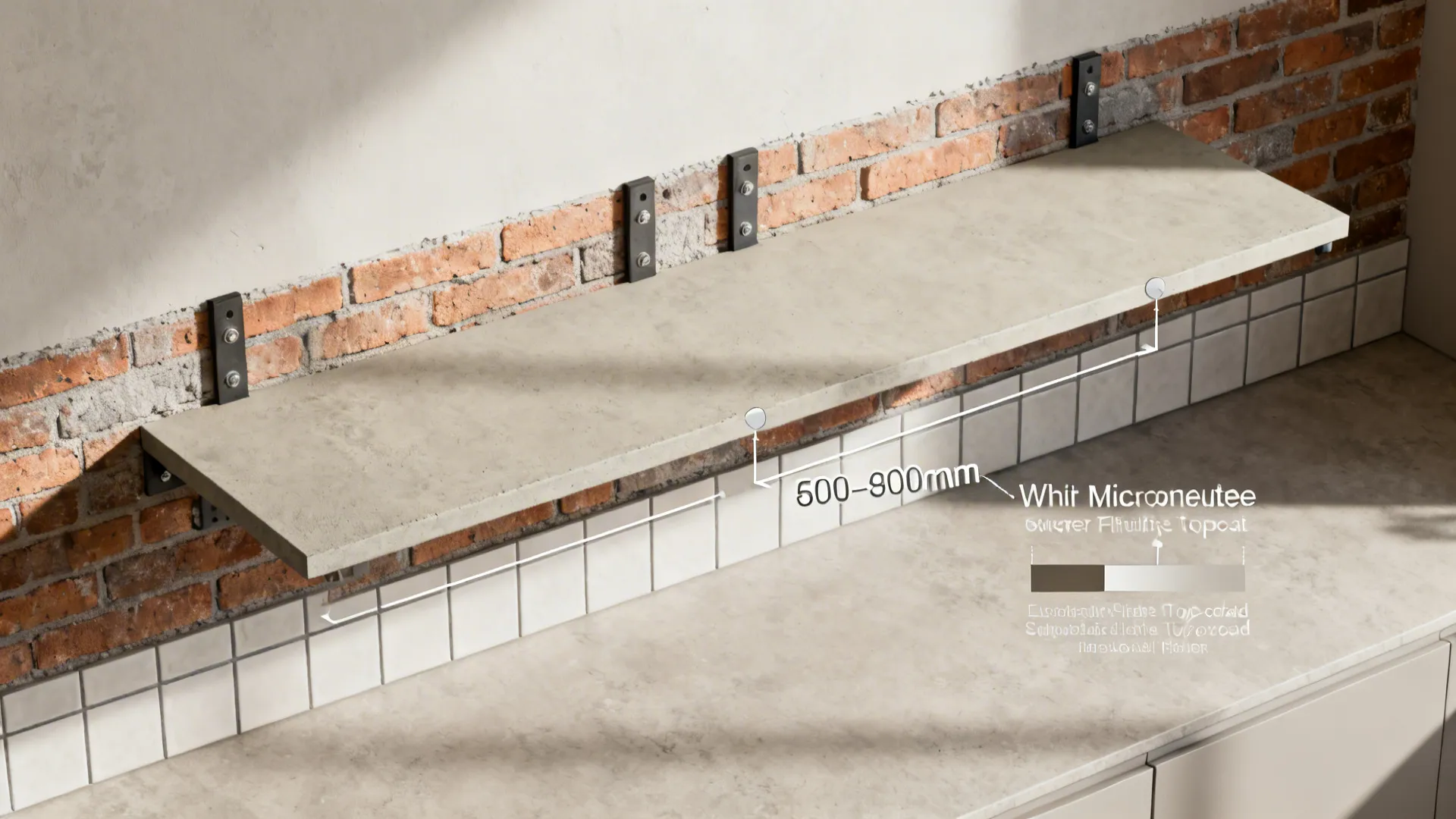 Microcement floating shelves over dado tiles