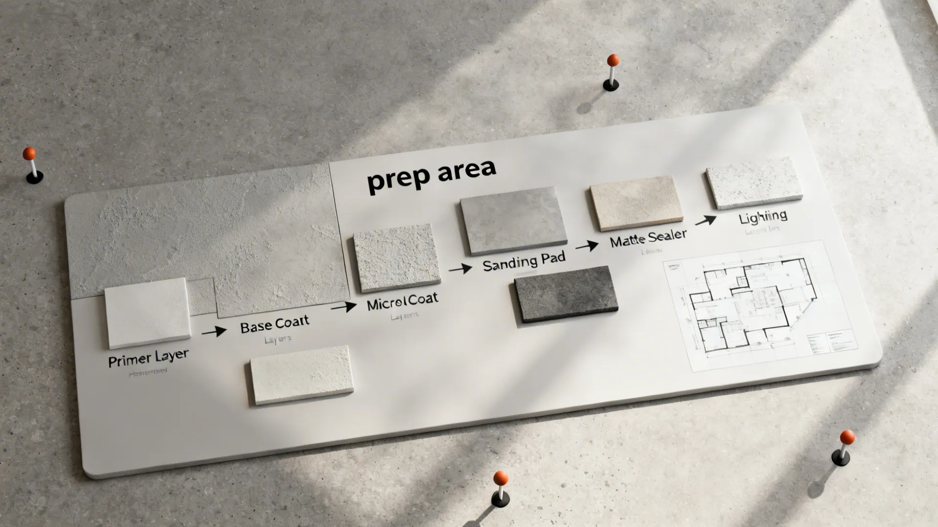 Top-down view of microcement application steps with samples, tools, and sealer in a neat layout.