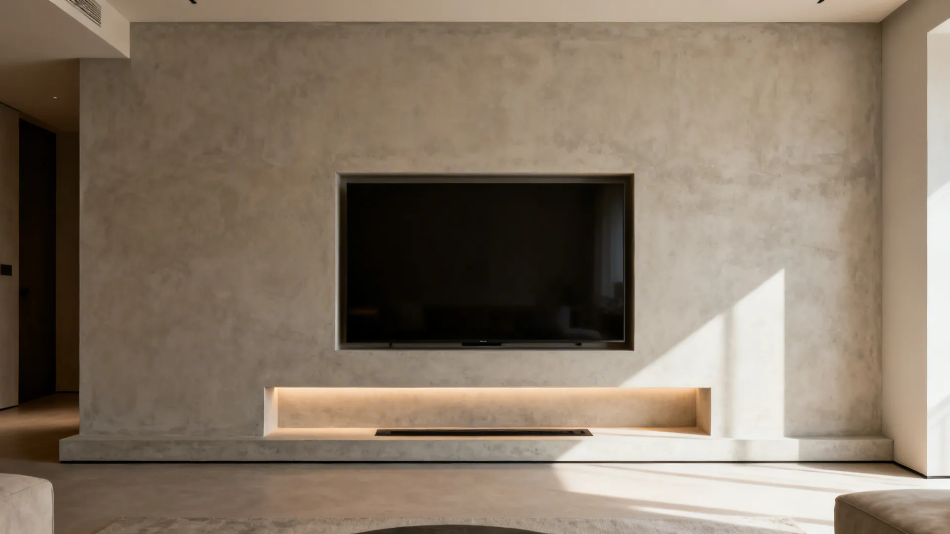 Microcement feature wall with recessed TV, subtle LED wash, and a slim ledge below.