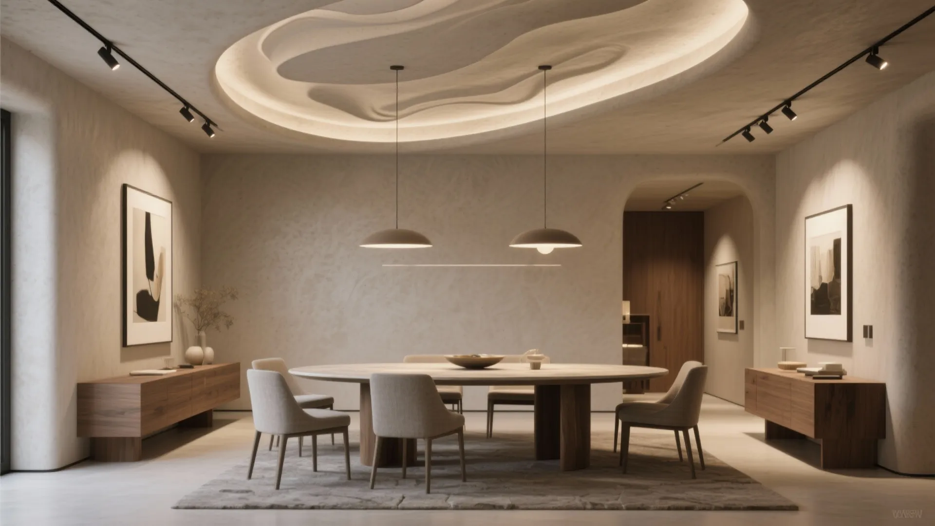 Minimalist dining room featuring round table grey chairs unique wavy ceiling design and two pendant lights