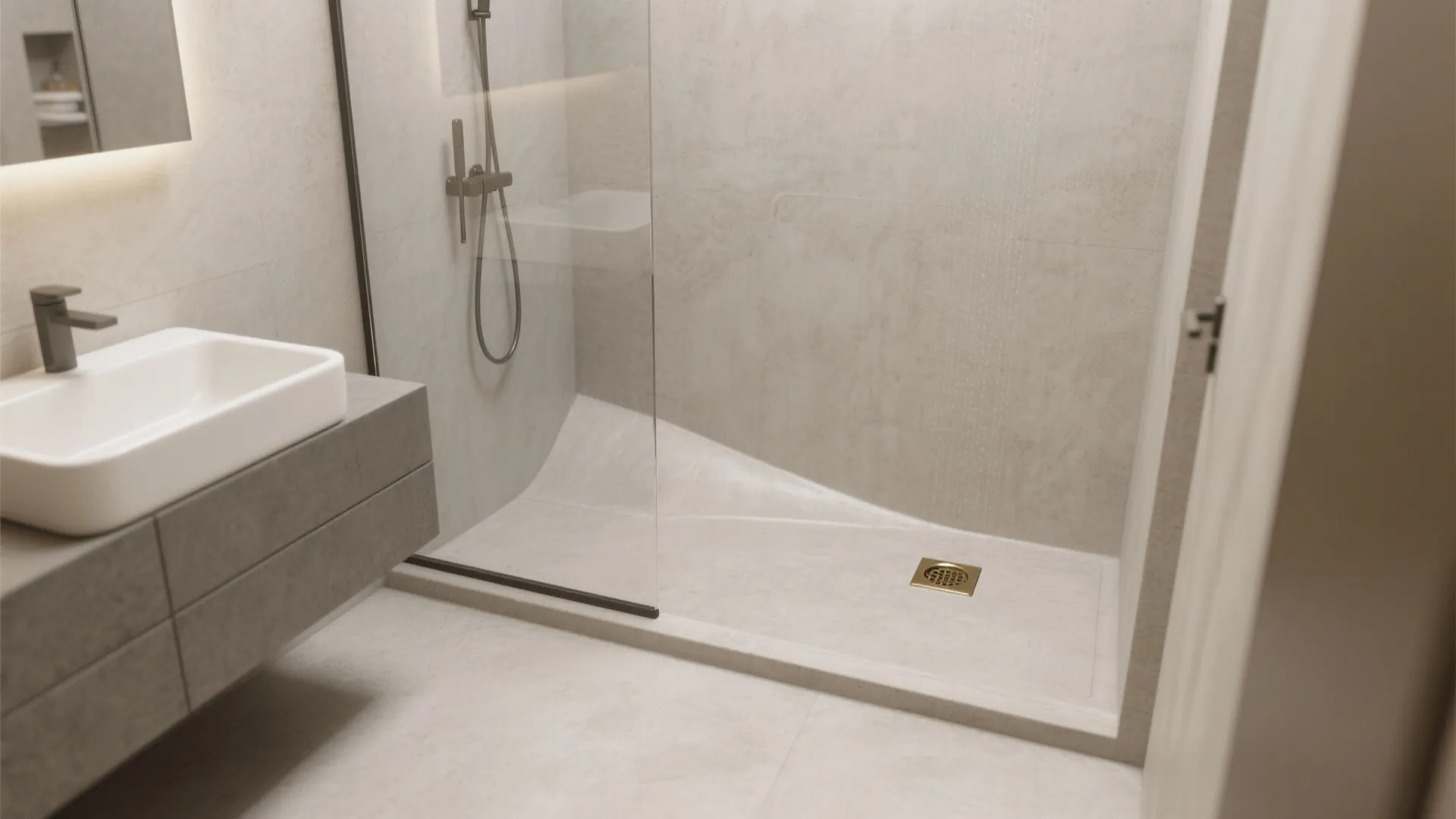 Modern bathroom featuring a walk in shower with glass door white sink and grey cabinet