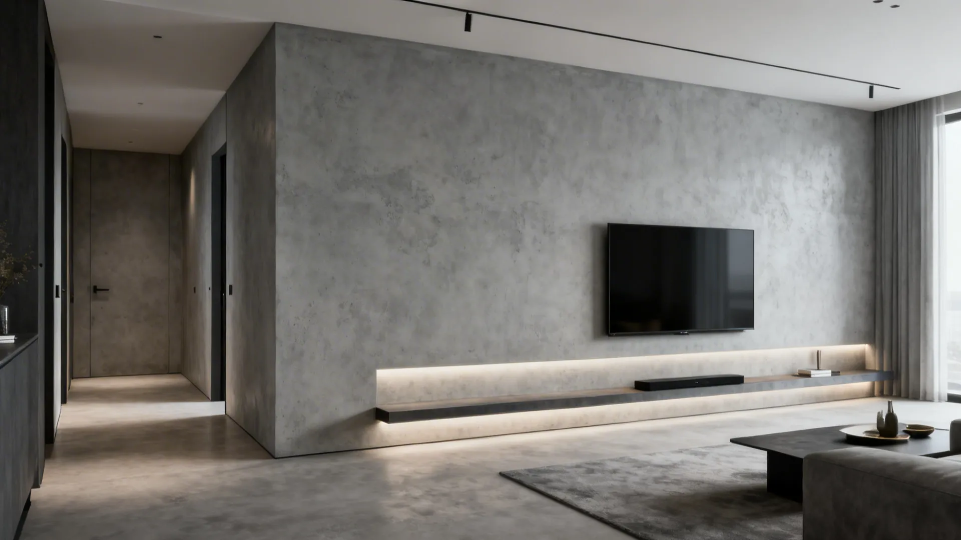 Seamless microcement feature wall with indirect lighting in a modern living room.
