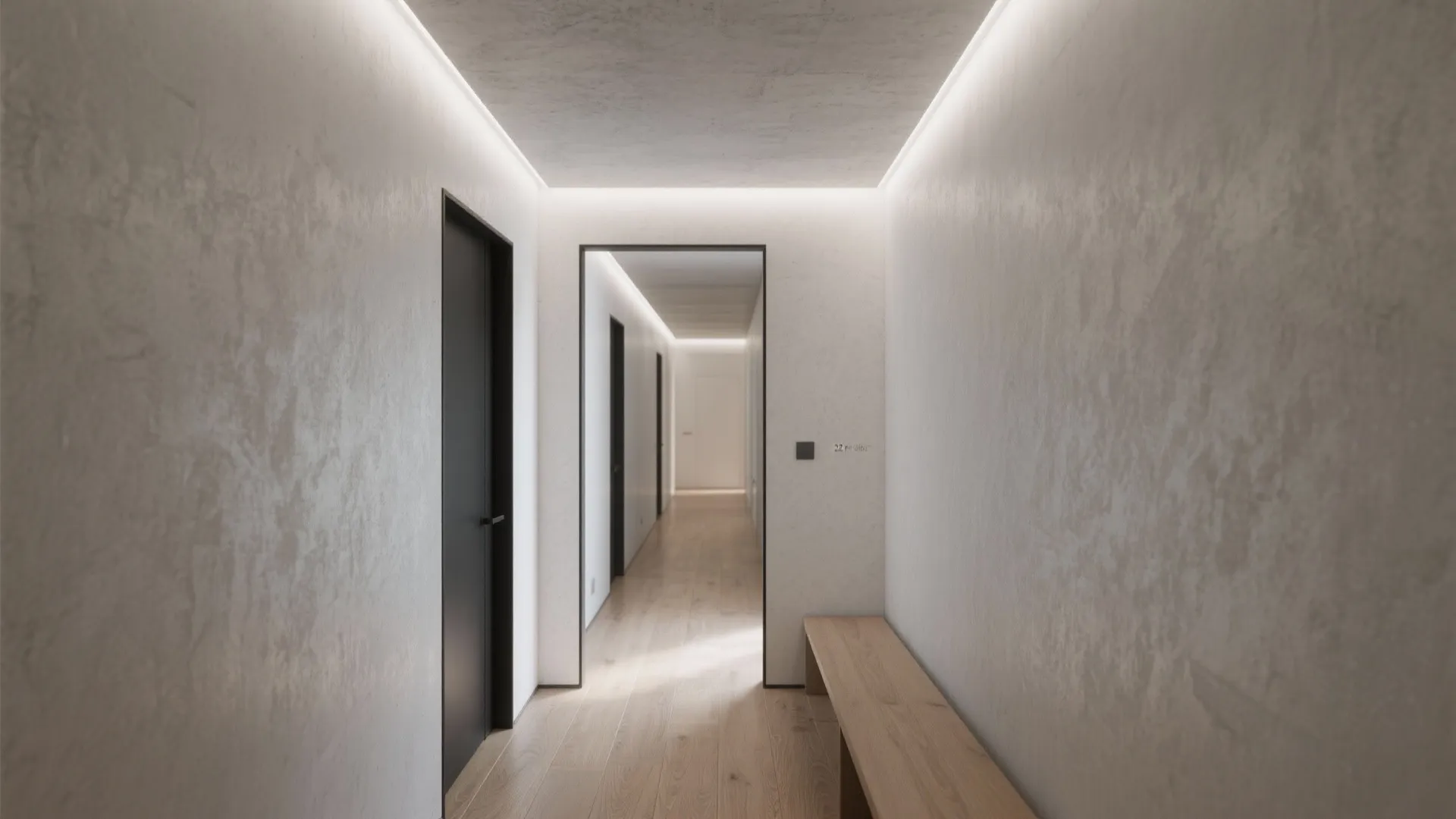 1) Exposed Microcement Ceiling With Shadow Gaps