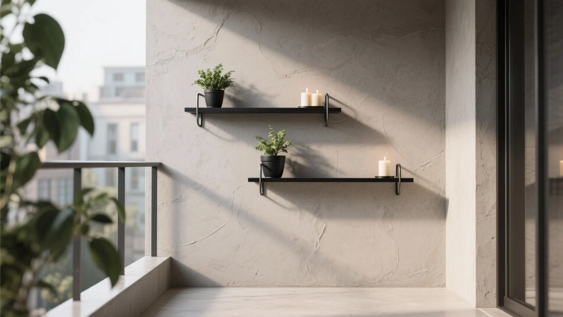Minimalist balcony design with textured wall black floating shelves green plants and small white burning candles