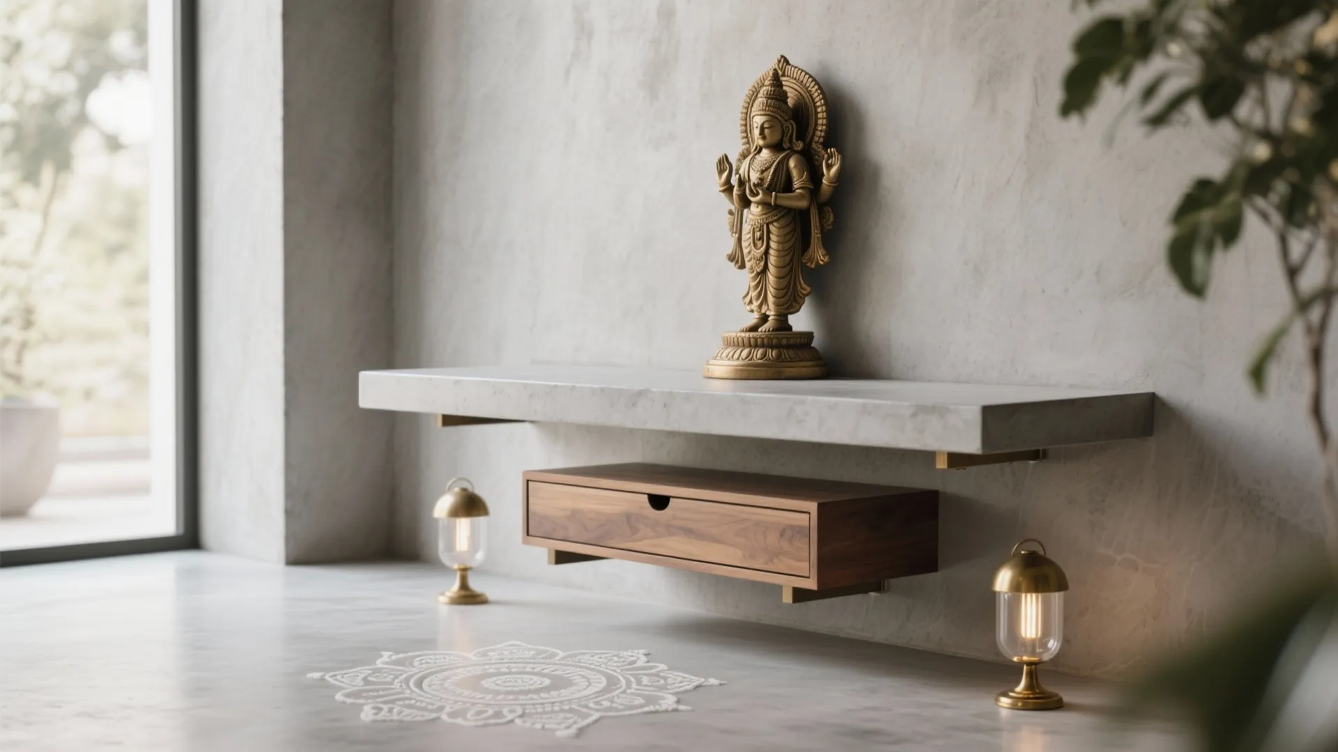 Modern stone shelf with wooden drawer holding a golden statue next to floor lamps indoors