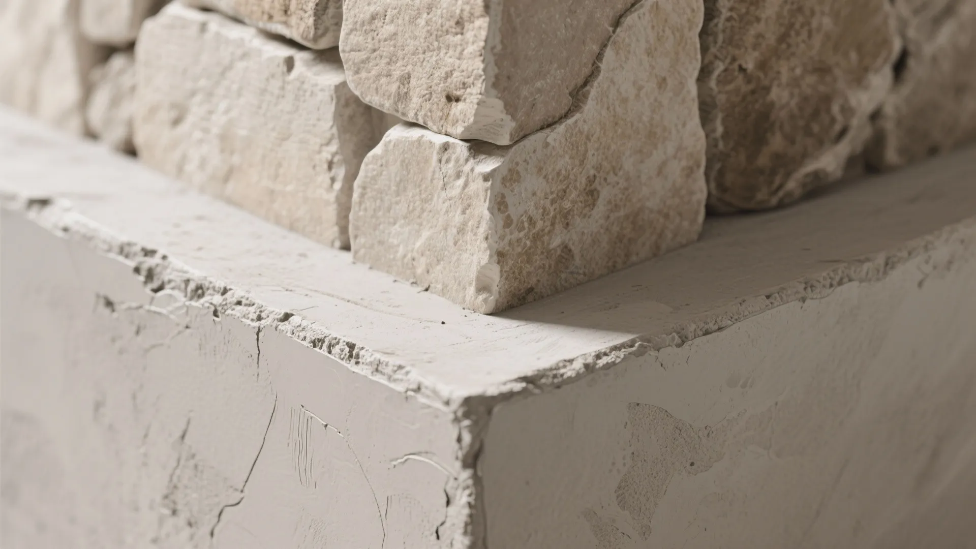 Close up of textured stone wall corner with beige bricks and smooth light grey plaster