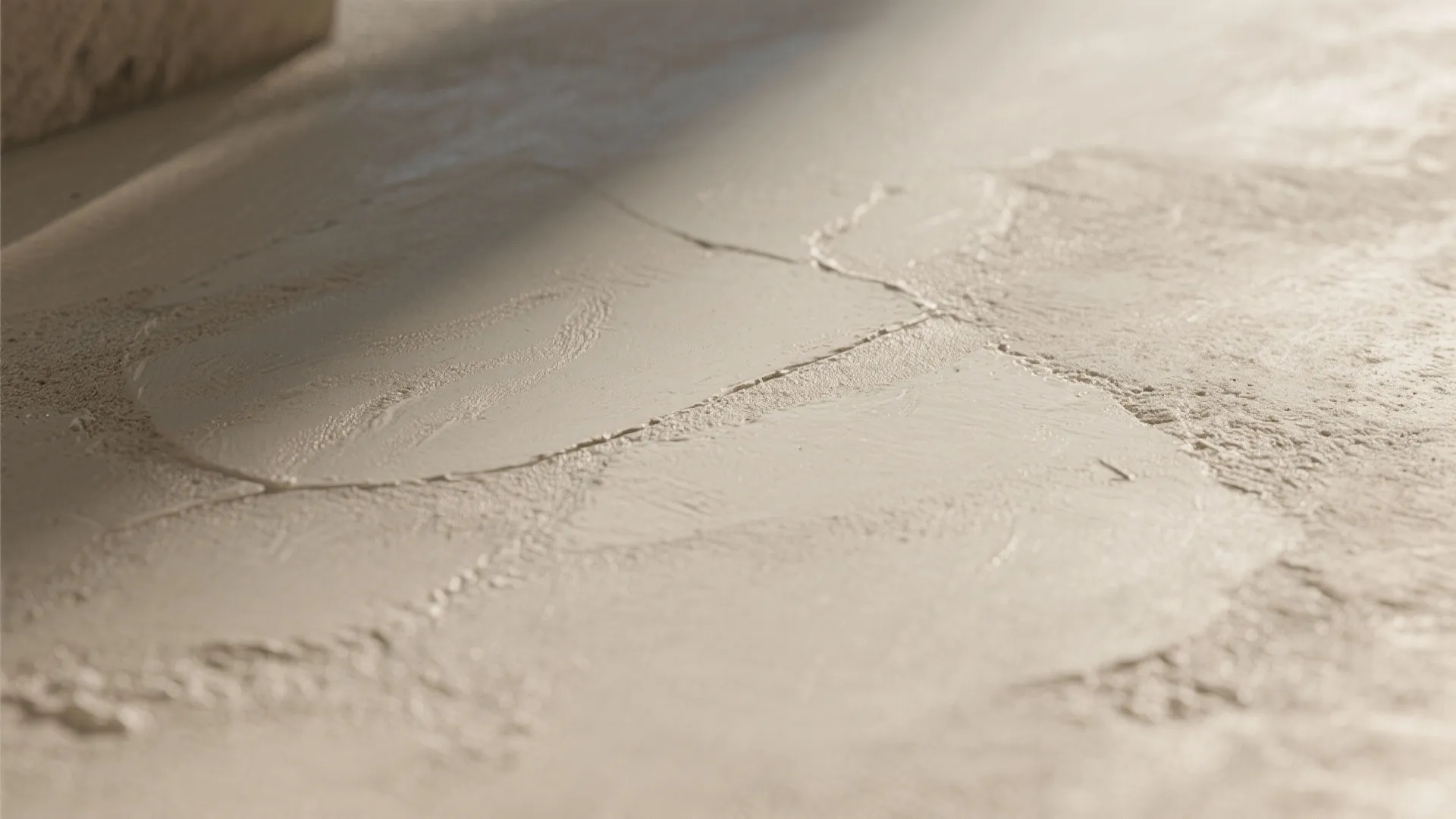 Close up view of smooth cream colored wall plaster being applied to a textured surface