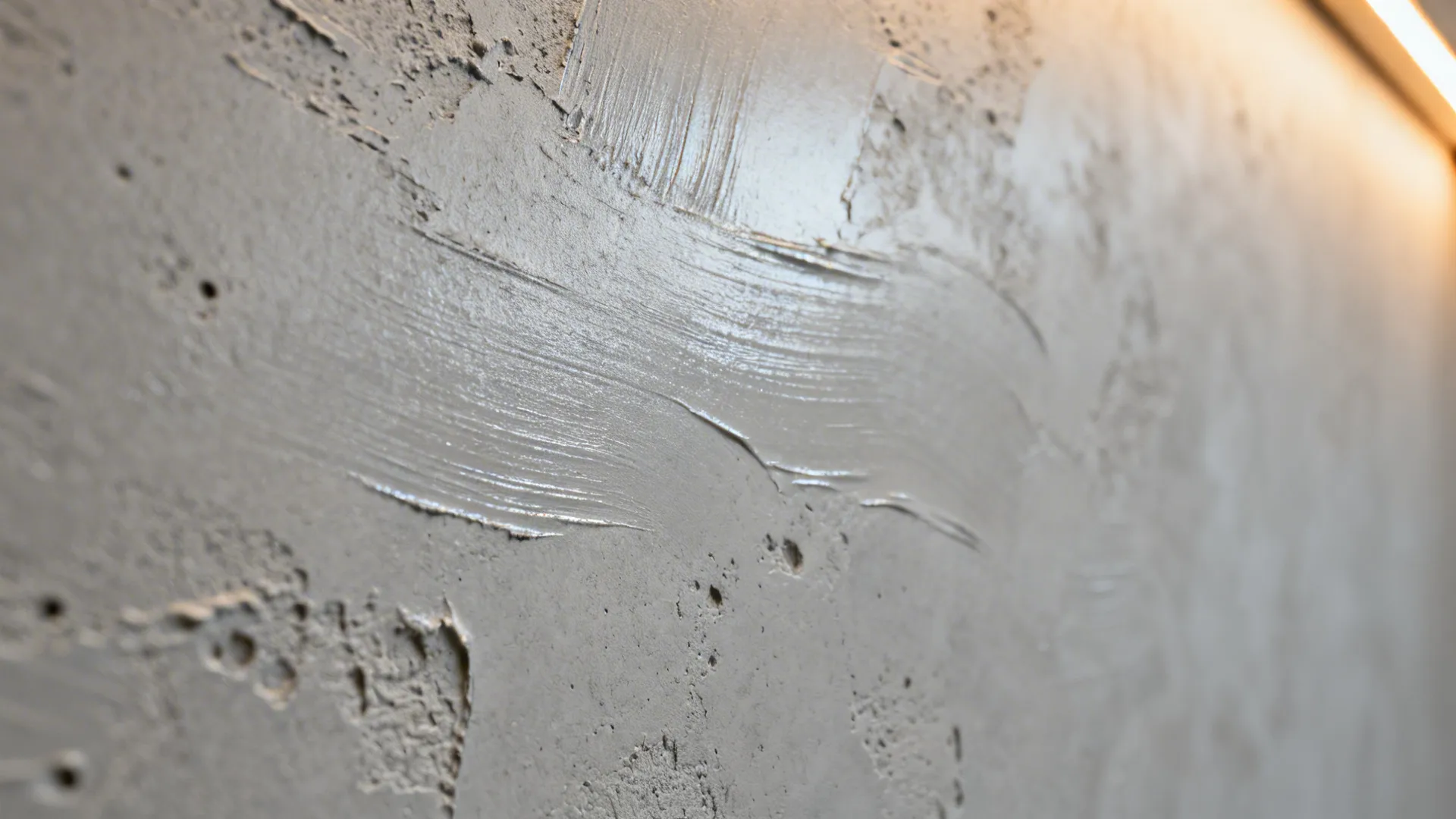 Close up view of grey textured wall finish with warm light shining from the top