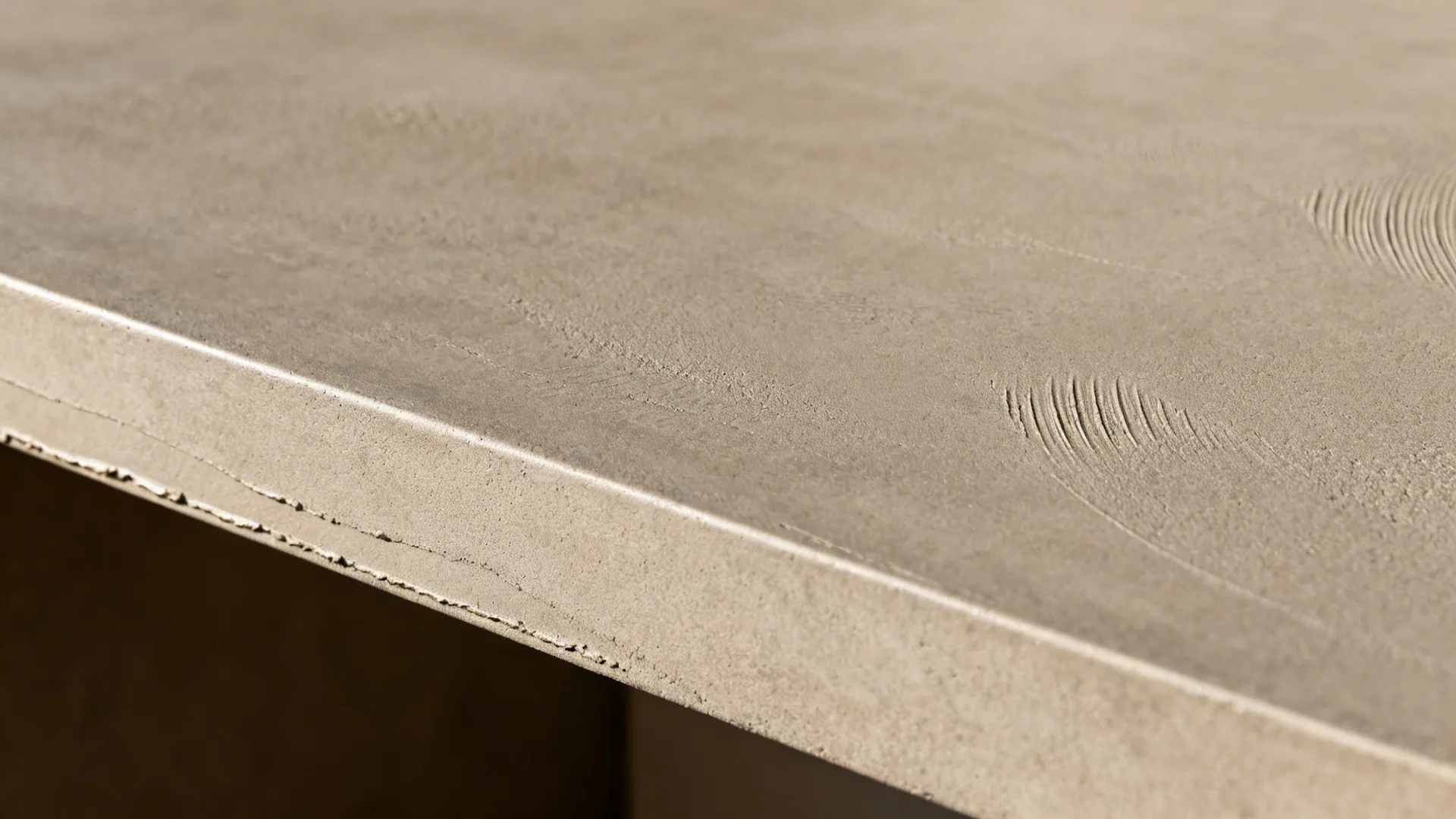 Macro of warm grey microcement showing subtle trowel texture and matte sealer.