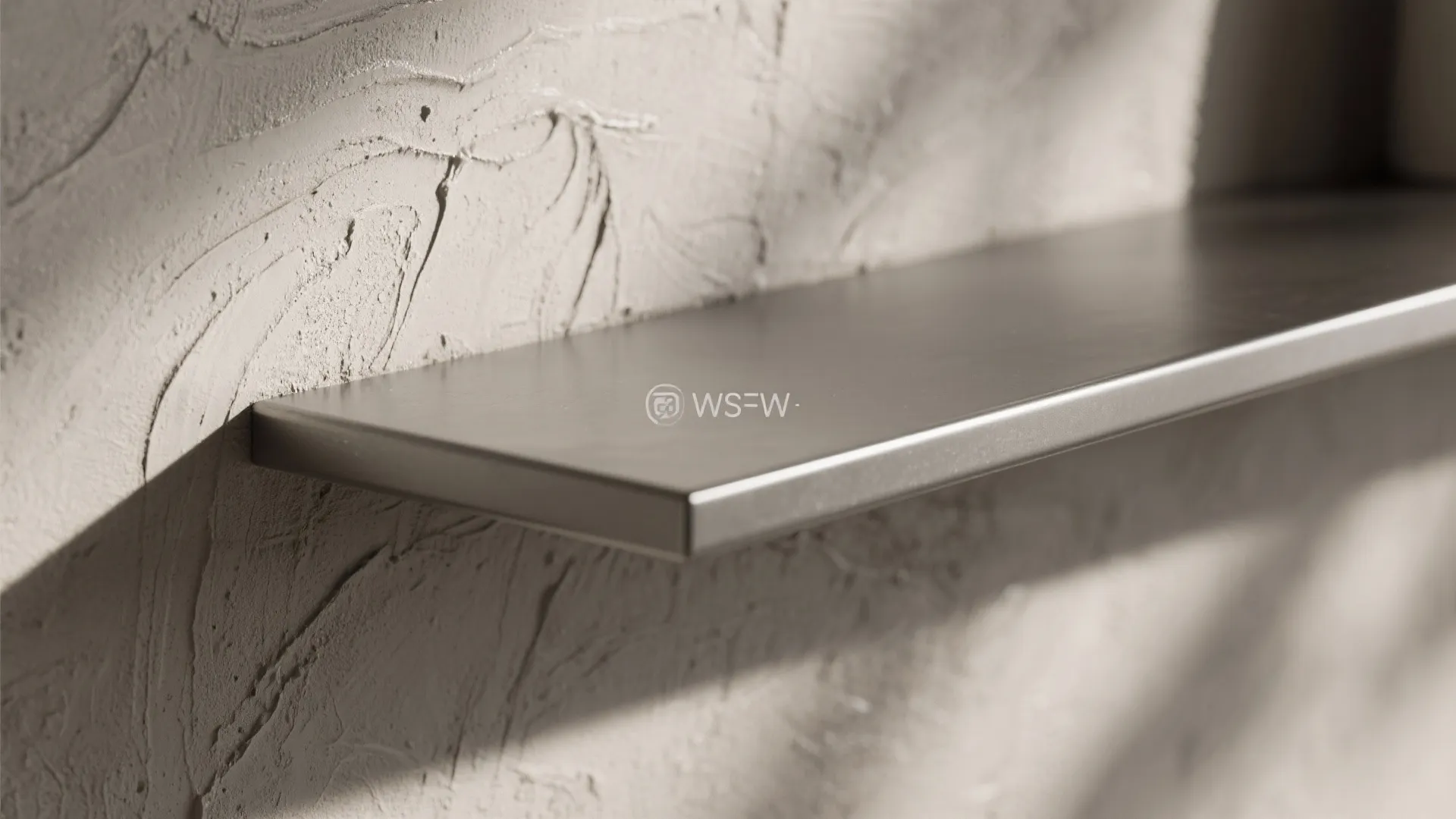 Textured Microcement Paneling with Slim Shelves