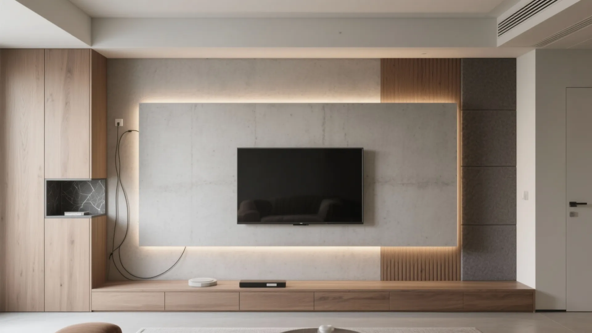 Modern living room featuring a wall mounted television on a grey panel with warm lighting