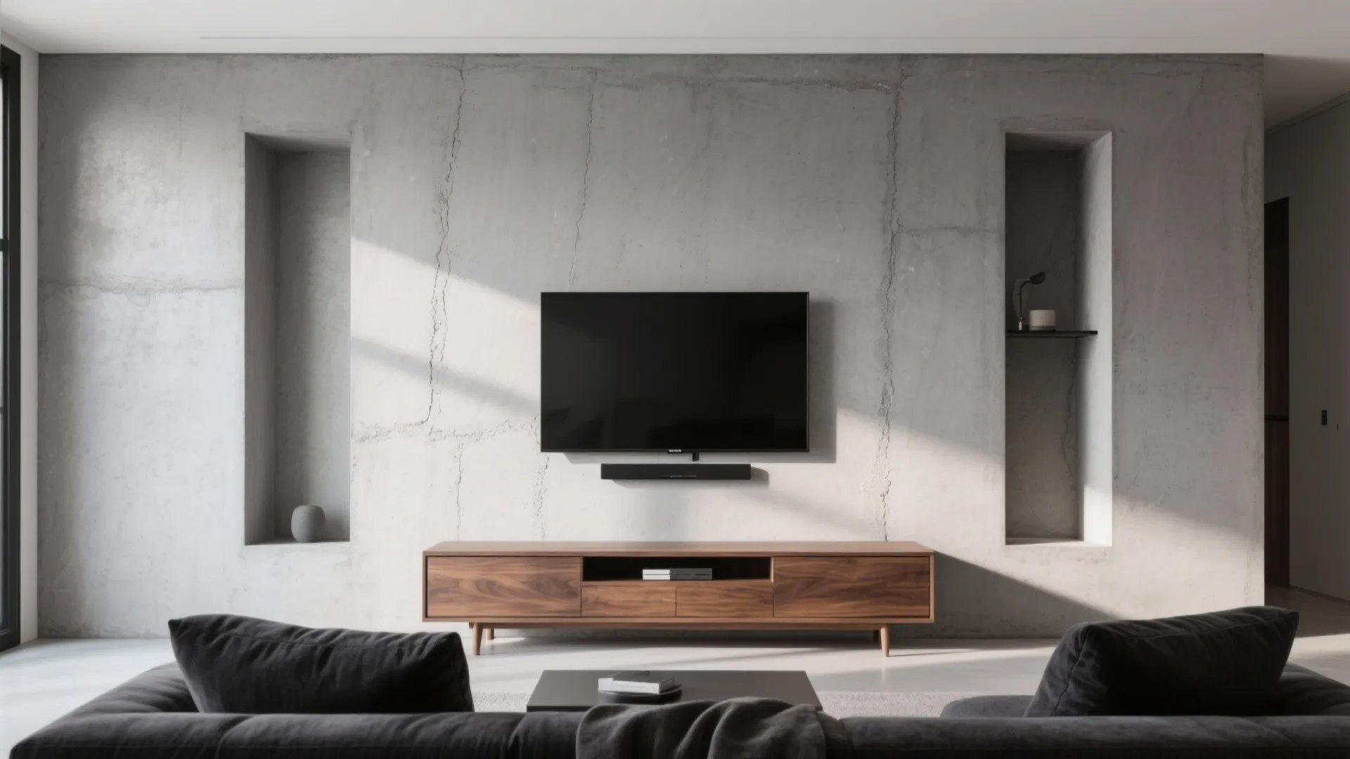 Modern living room with television on grey wall, wooden cabinet, black sofa, and natural sunlight