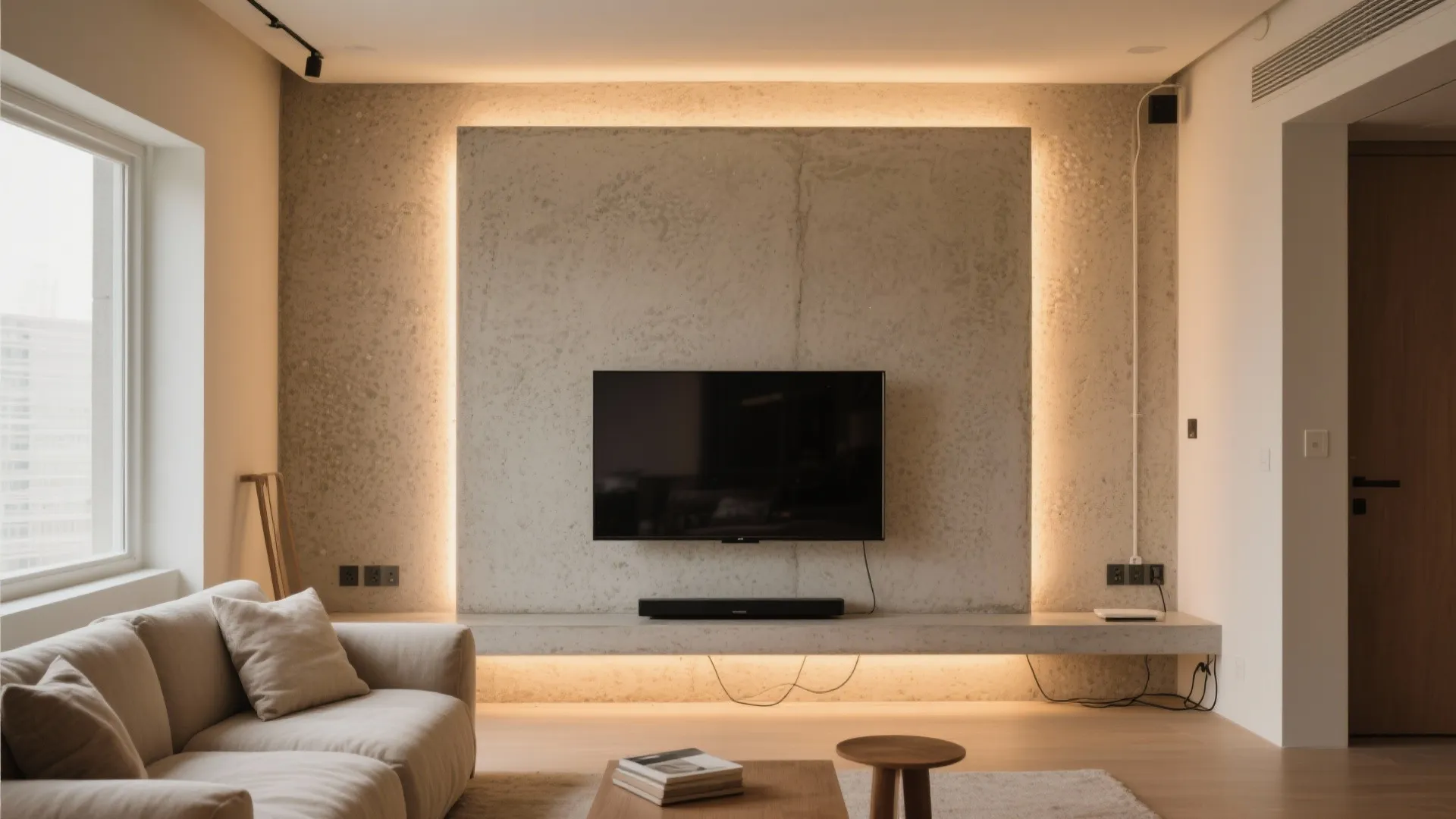 4) Textured plaster or microcement TV feature wall with soft wash lighting