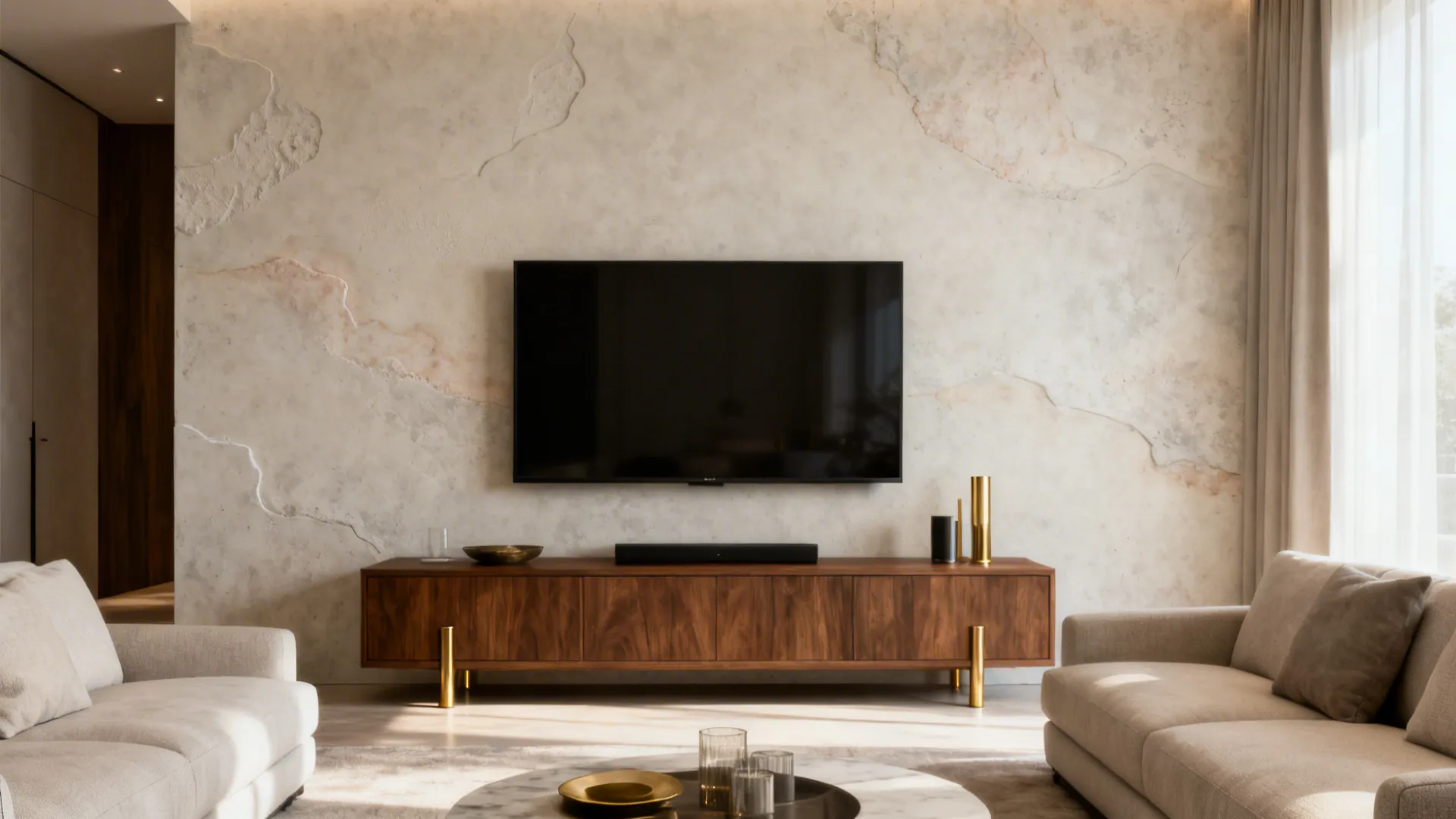 Modern living room with pale microcement-look TV wall, walnut unit, and brass accents.