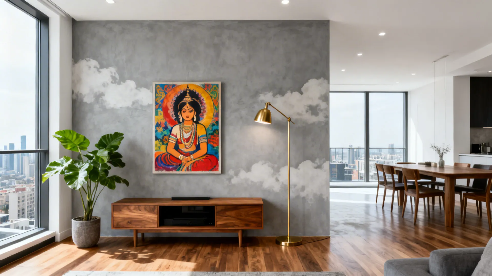 Soft grey microcement wall in a minimalist Indian living room with teak and bold art.