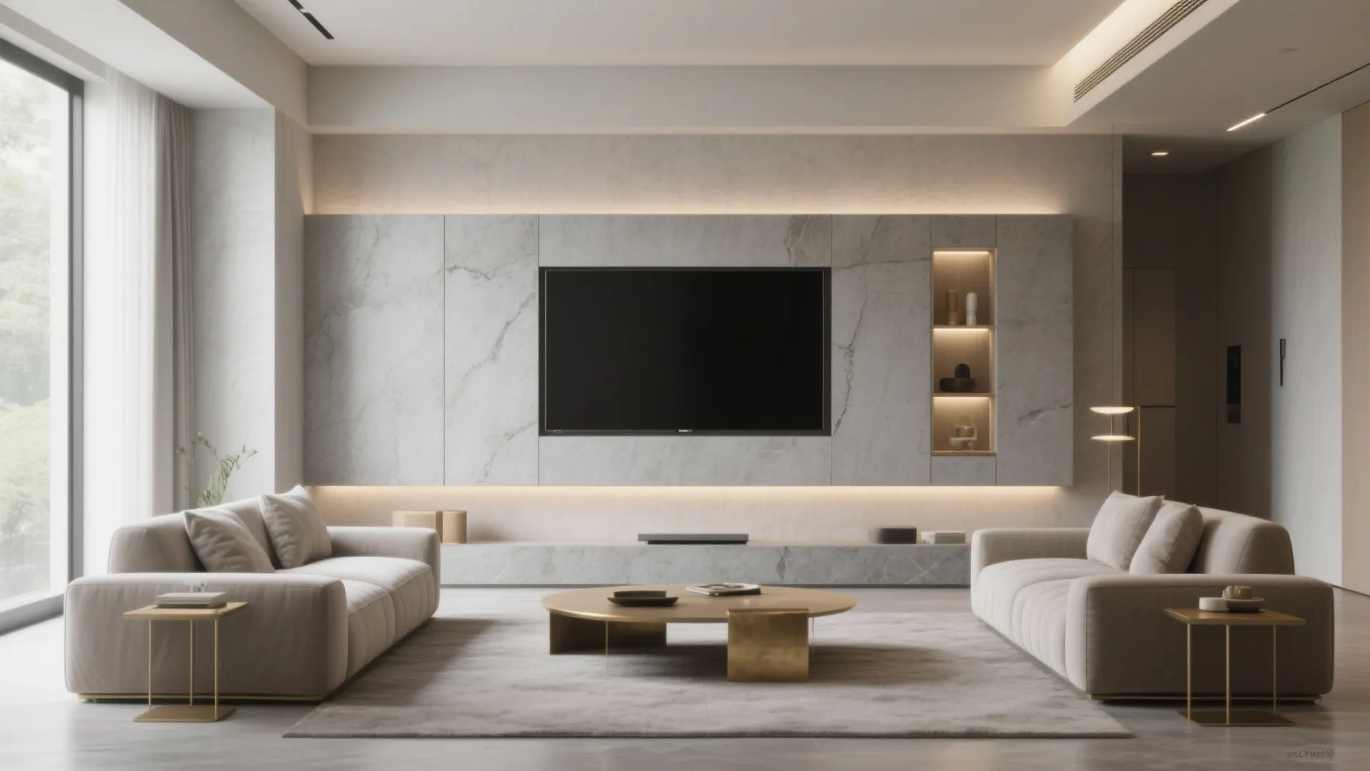 Stone or Microcement TV Panel with Built-In Niches