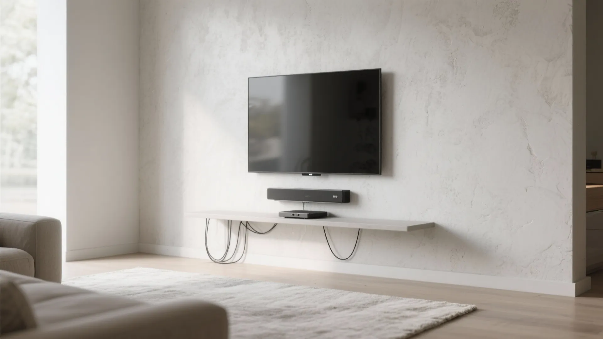 Modern living room with wall mounted television over floating shelf and textured light grey wall