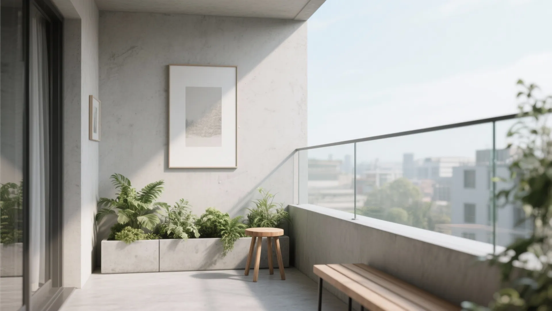 Modern apartment balcony with concrete walls green plants wooden stool picture frame and glass railing view