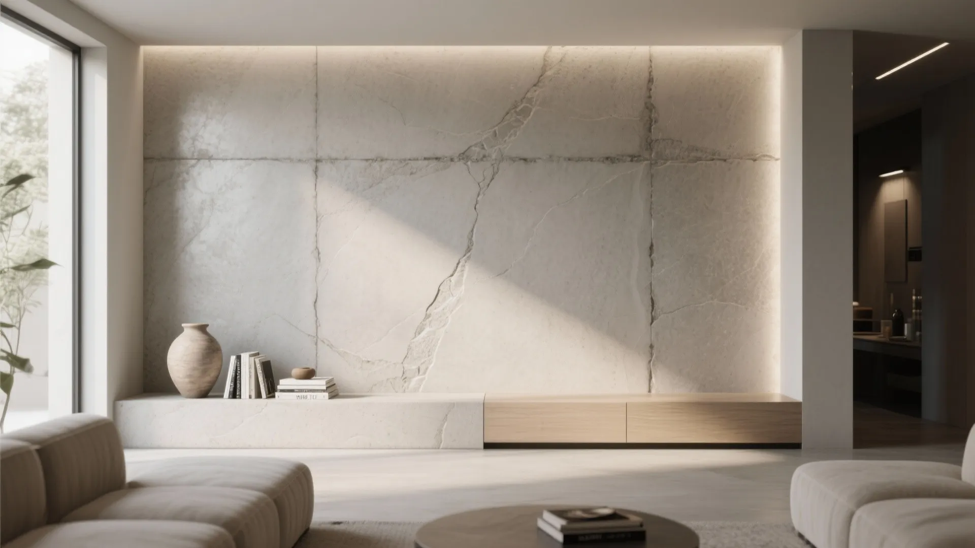 Seamless polished microcement feature wall in a minimalist living space with soft sheen and neutral decor.