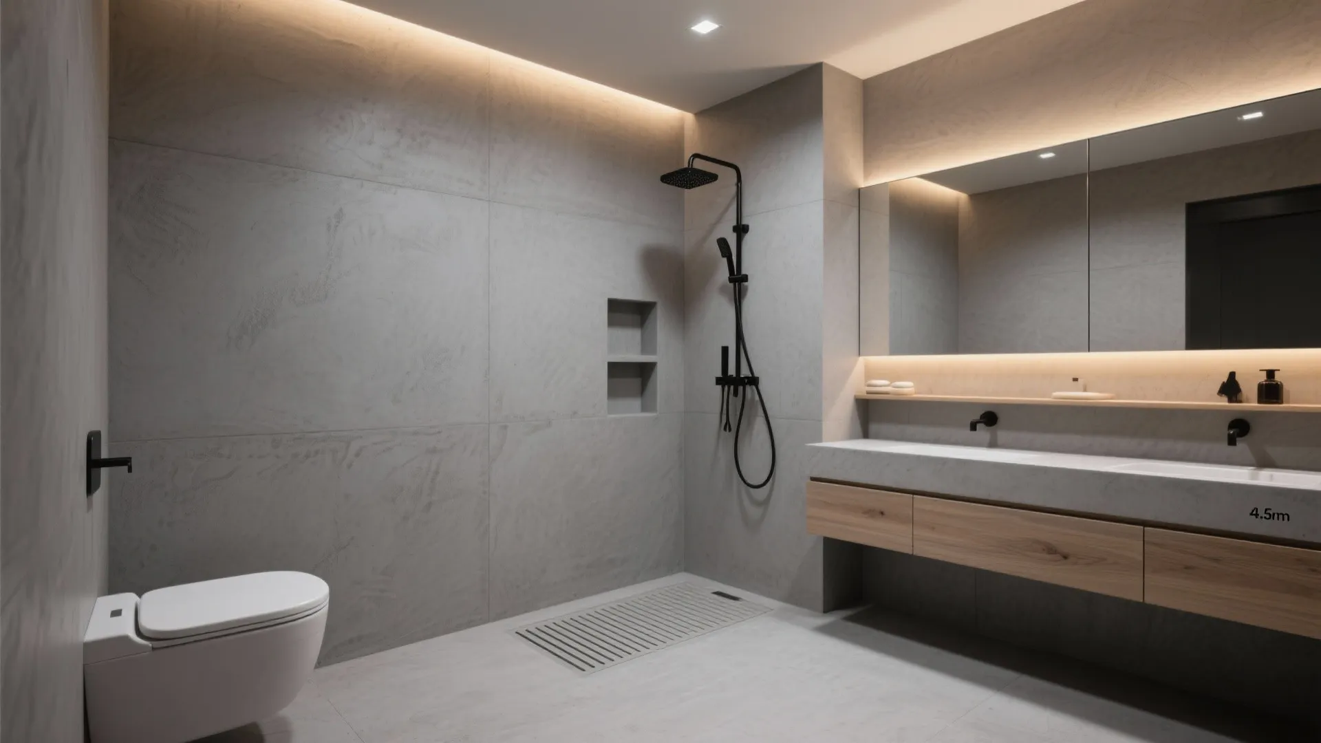 Soft Gray Microcement + Warm Lighting