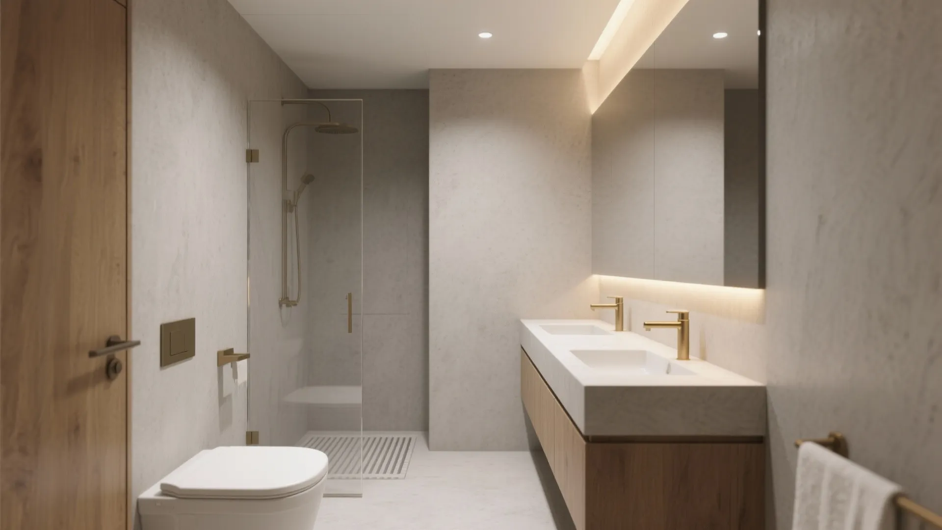 Modern bathroom featuring grey walls double white sinks gold faucets wooden cabinet and glass shower