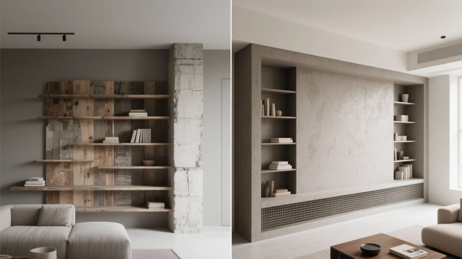Interior design drawing comparing wooden wall shelves next to a minimalist concrete grey storage cabinet