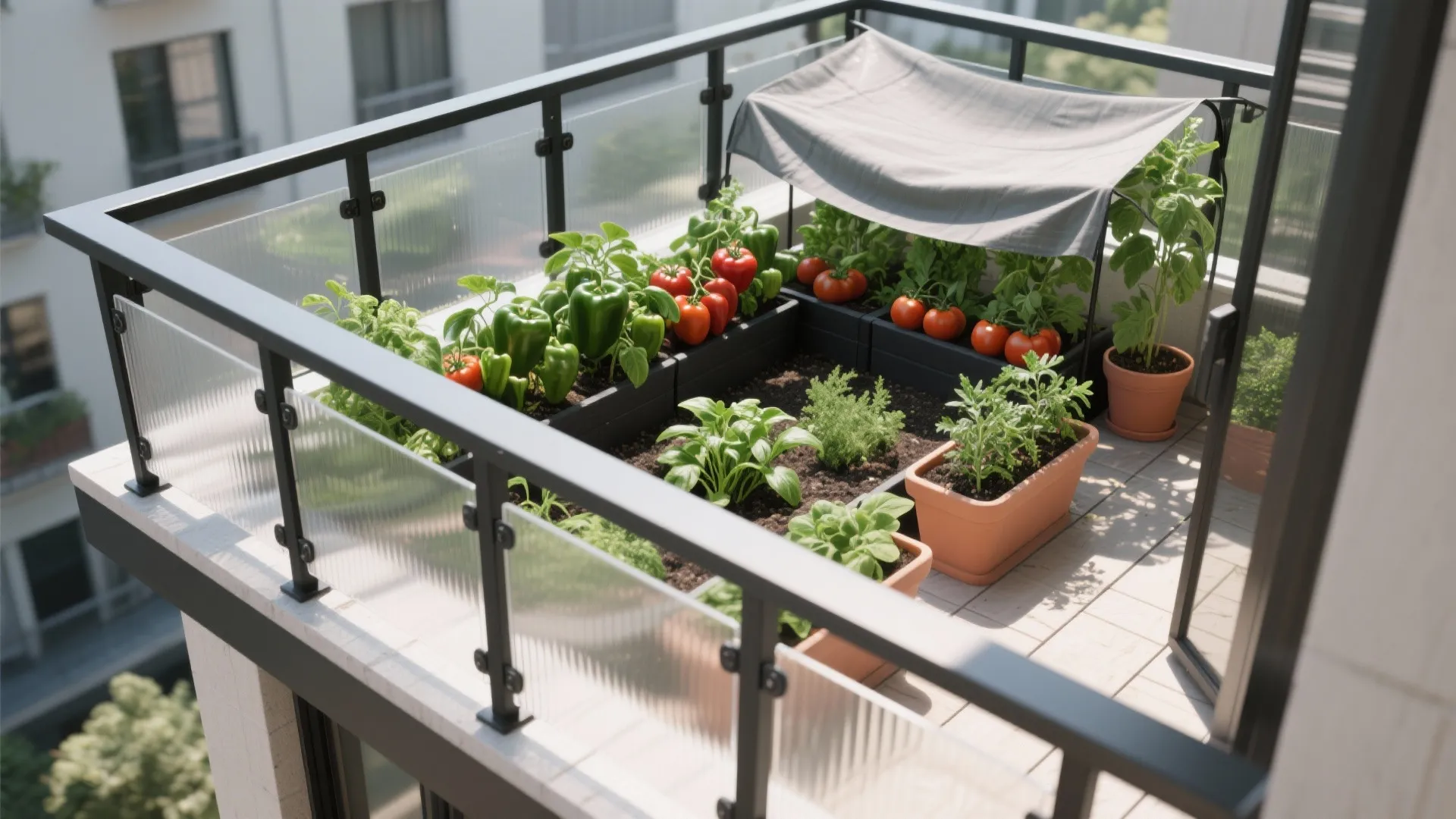 Modern apartment balcony garden featuring red tomatoes green peppers and grey sun shade for vegetable plants